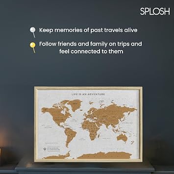 Splosh Travel Map - Desk World Map Pin Board in White Wooden Frame World Map Cork Board with 100 Pins in 2 Colours to Mark Your Past and Future Adventures Framed World Maps for Desks.