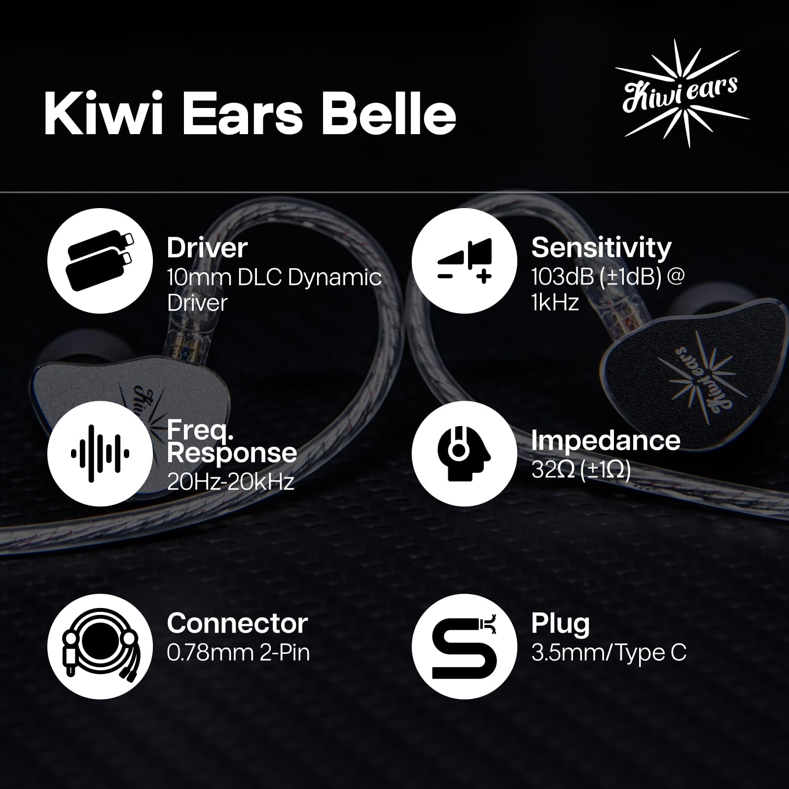 Kiwi Ears Belle słuchawki douszne, 10 mm DLC, przewodowe słuchawki douszne HiFi z odłączanym posrebrzanym kablem 2-pinowym do gier audiofilskich (bez mikrofonu, srebrne)