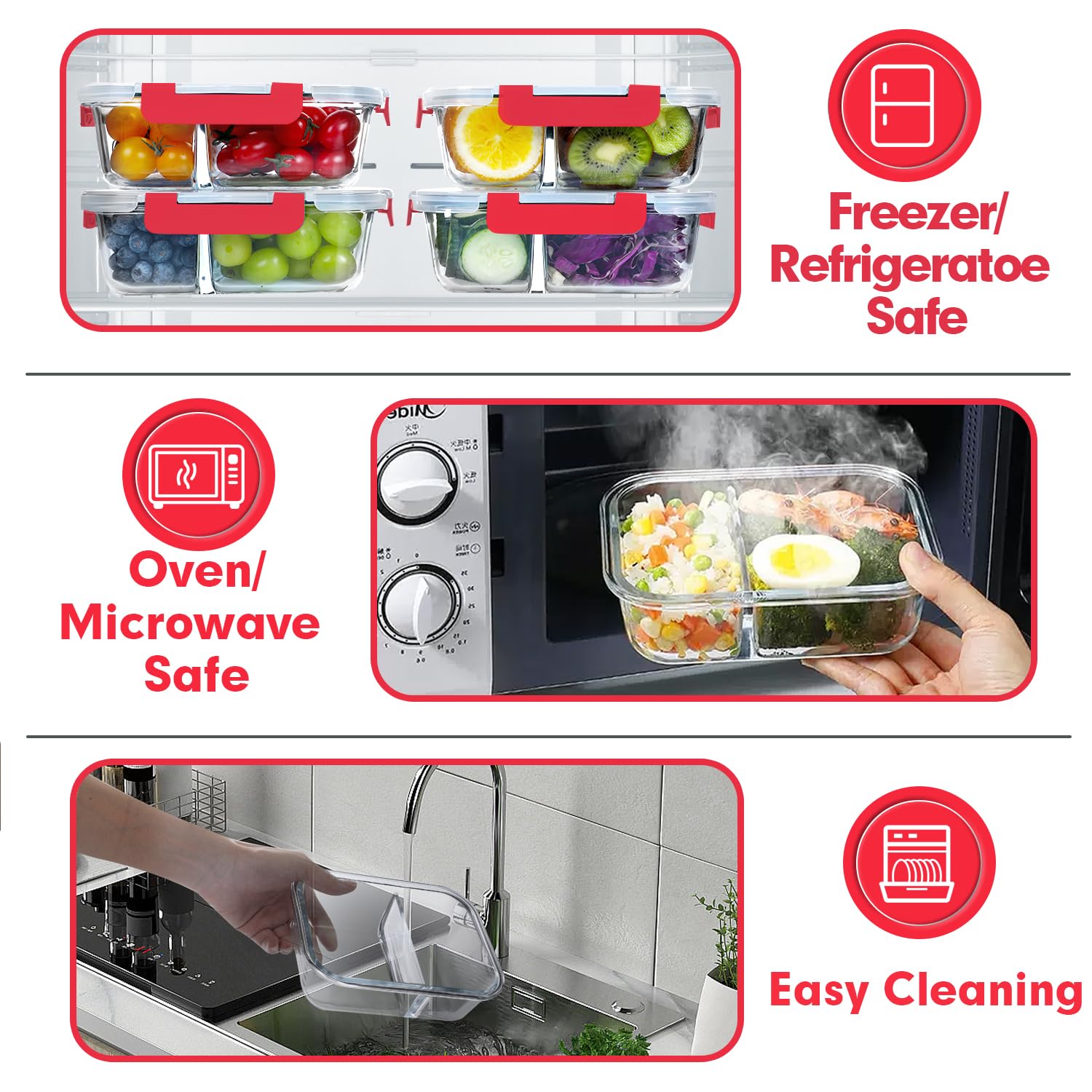 VERONES Confezione da 10 contenitori in vetro per la preparazione dei pasti a 2 scomparti, contenitori ermetici per il pranzo, in vetro con coperchio, adatti a microonde, forno, congelatore e