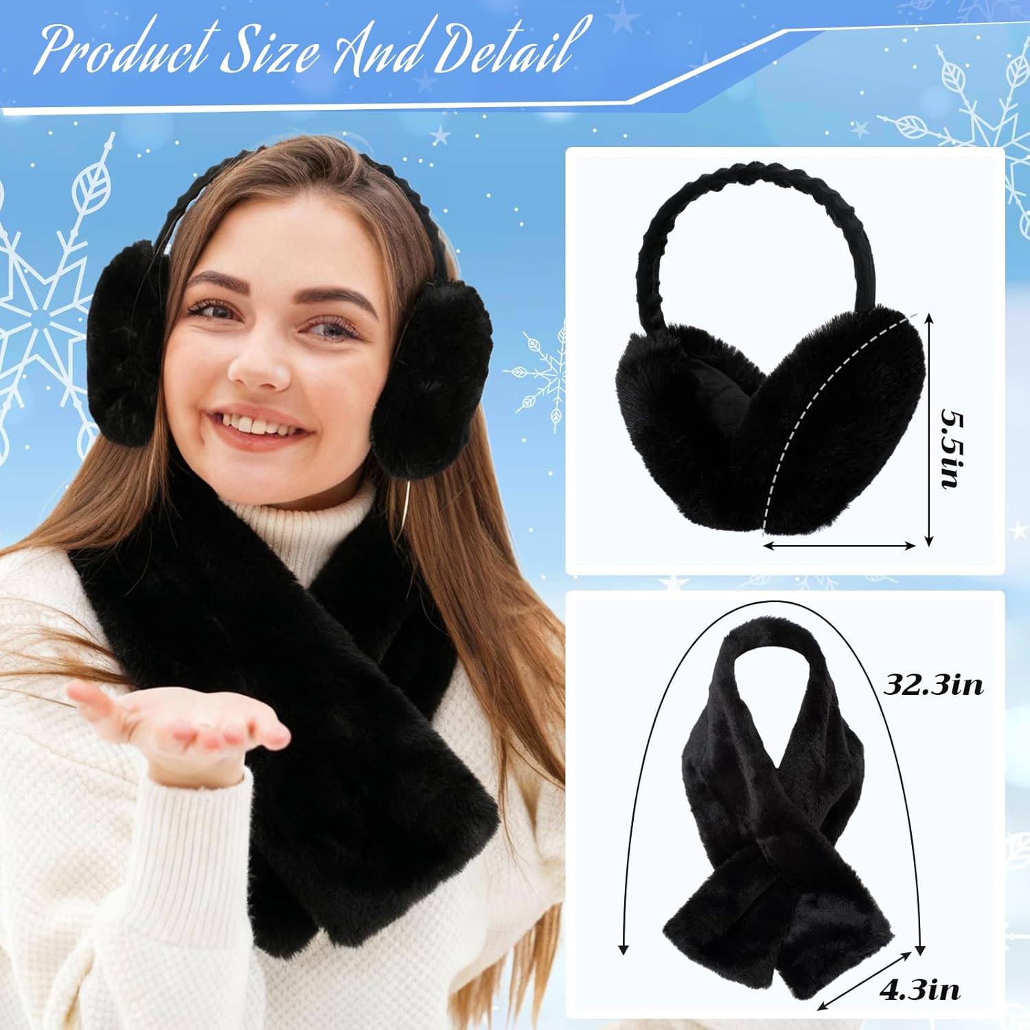 10 Pcs Winter Faux Fur Collar Scarf Wrap Winter Fuzzy Bucket Hat Ear Muff Wrist Cuffs Leg Warmer Set for Girl Women Black, White - Image 3