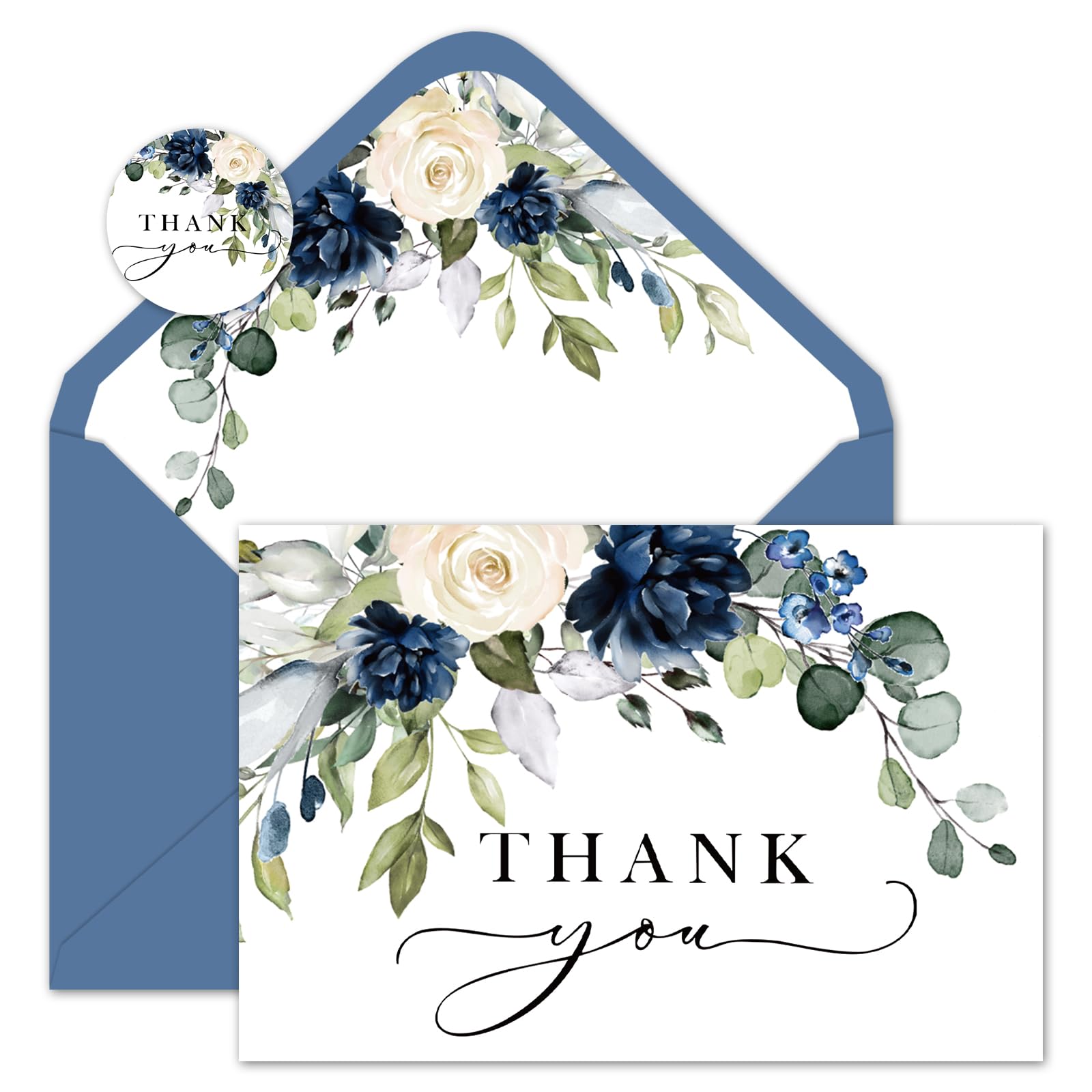 JarThenaAMCS 24 Pack Floral Thank You Cards Bulk Watercolor Blue Flower Note Cards with Envelopes Stickers Decorative Greeting Blank Cards for Wedding