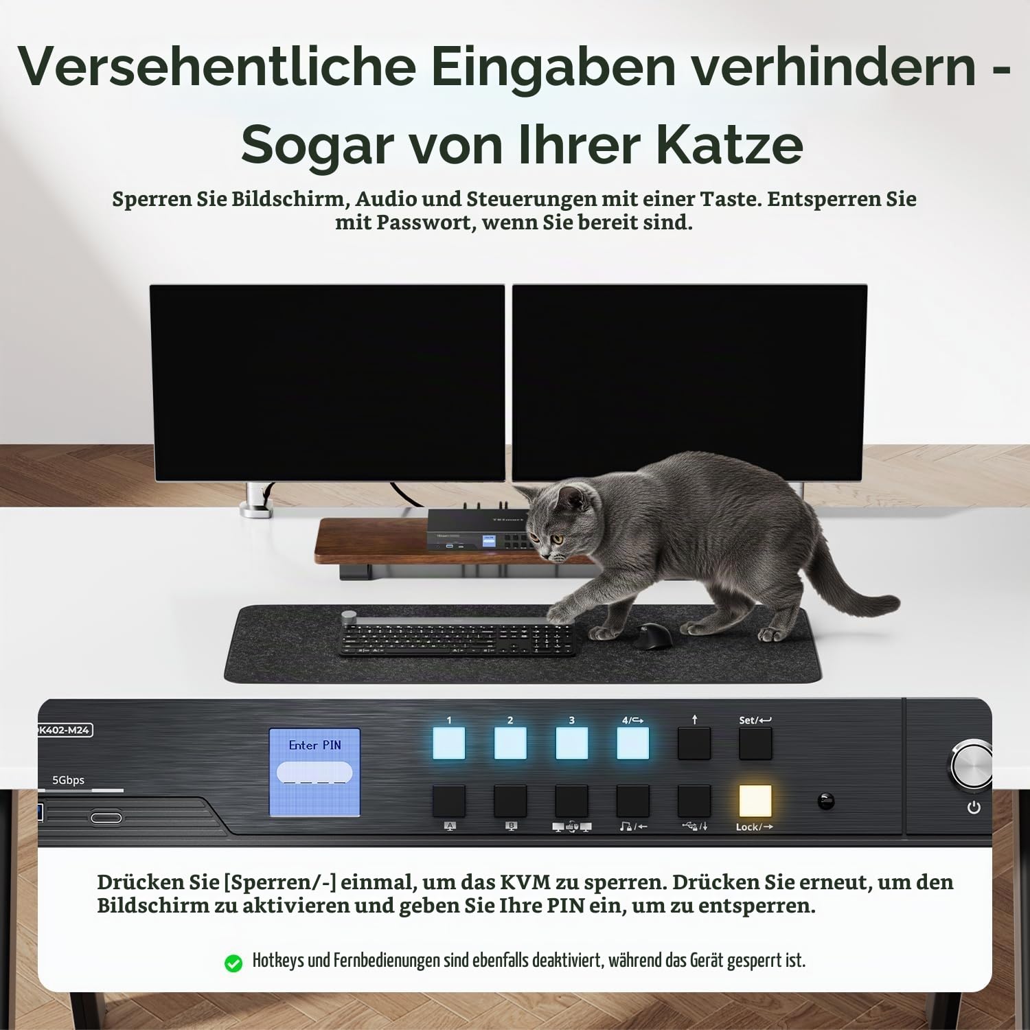 TESmart HDMI Displayport KVM Switch 4 PC 2 Monitor, HDMI 2.1 & DP 1.4 KVM Umschalter, Dual Monitore 8K@60Hz 4K@144Hz, USB 3.0 Dock, Gigabit LAN, Hotkey-Steuerung, EDID, VRR, 8 Kabel, Neu-Version 2026