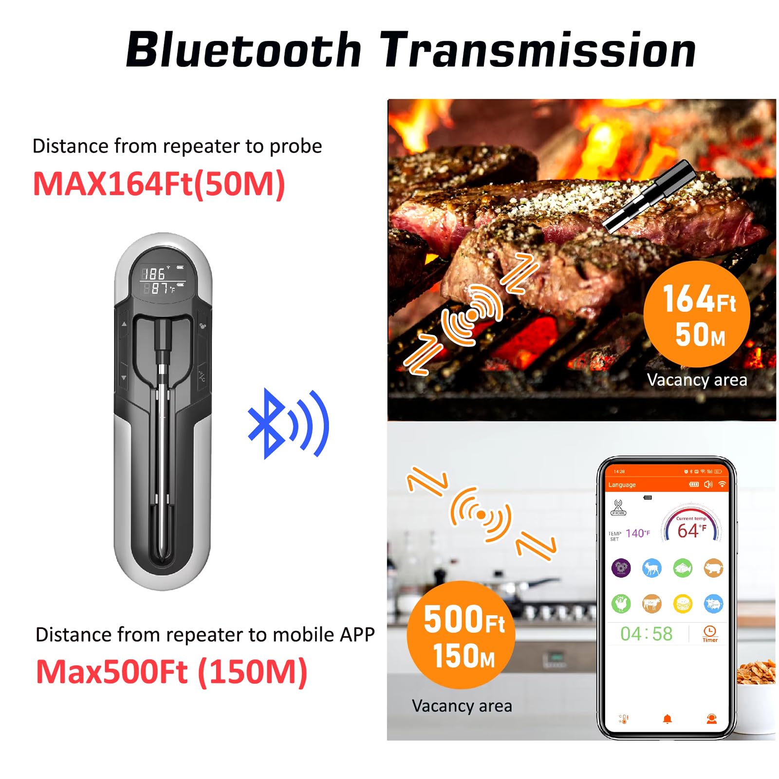 Thermomètre à viande sans fil, thermomètre à viande sans fil Bluetooth intelligent avec commandes APP et étanche IP66, thermomètre de cuisson numérique de portée 500 pieds, thermomètre alimentaire