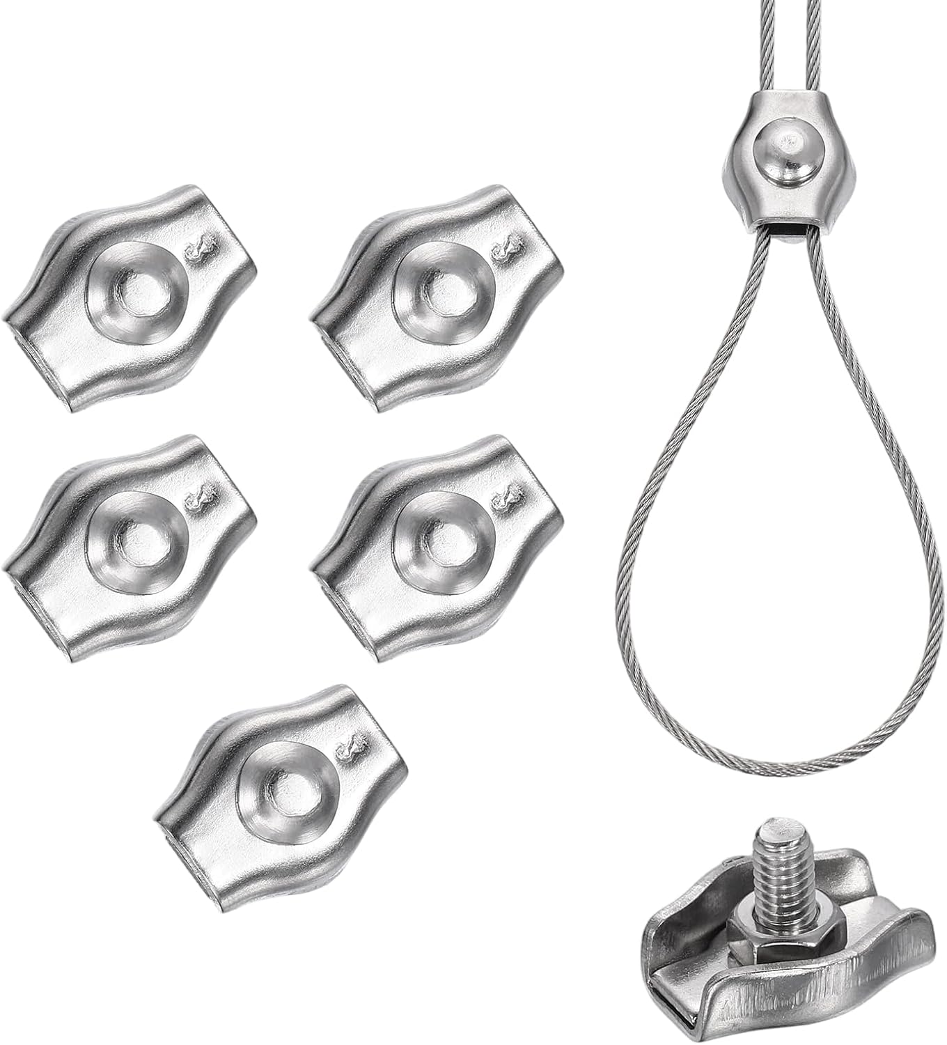 PATIKIL 6 Pcs Stainless Steel Single Wire Rope Clips, M4 Single Bolt Cable Clips Clamp for 5/64 Inch-3/32 Inch Diameter Wire Rope for Rigging Tent Guard Railing System, Silver