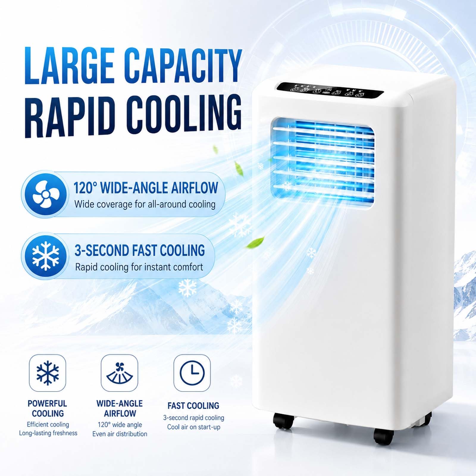 Condizionatore Portatile 3-in-1, con deumidificatore di Raffreddamento e Ventilatore, unità AC Intelligente, Display LED, Oscillazione 120° per casa e Ufficio