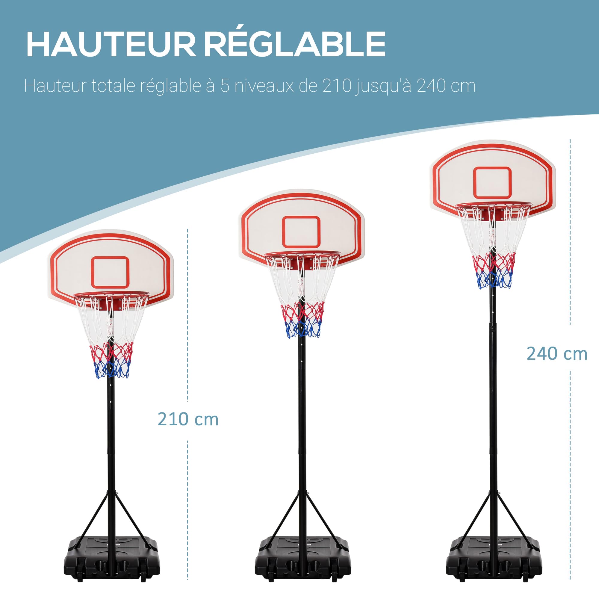 HOMCOM Panier de Basket extérieur Ajustable Portable Hauteur d'arceau réglable 210-240 cm Base de lestage sur roulettes Poteau métal Noir Blanc