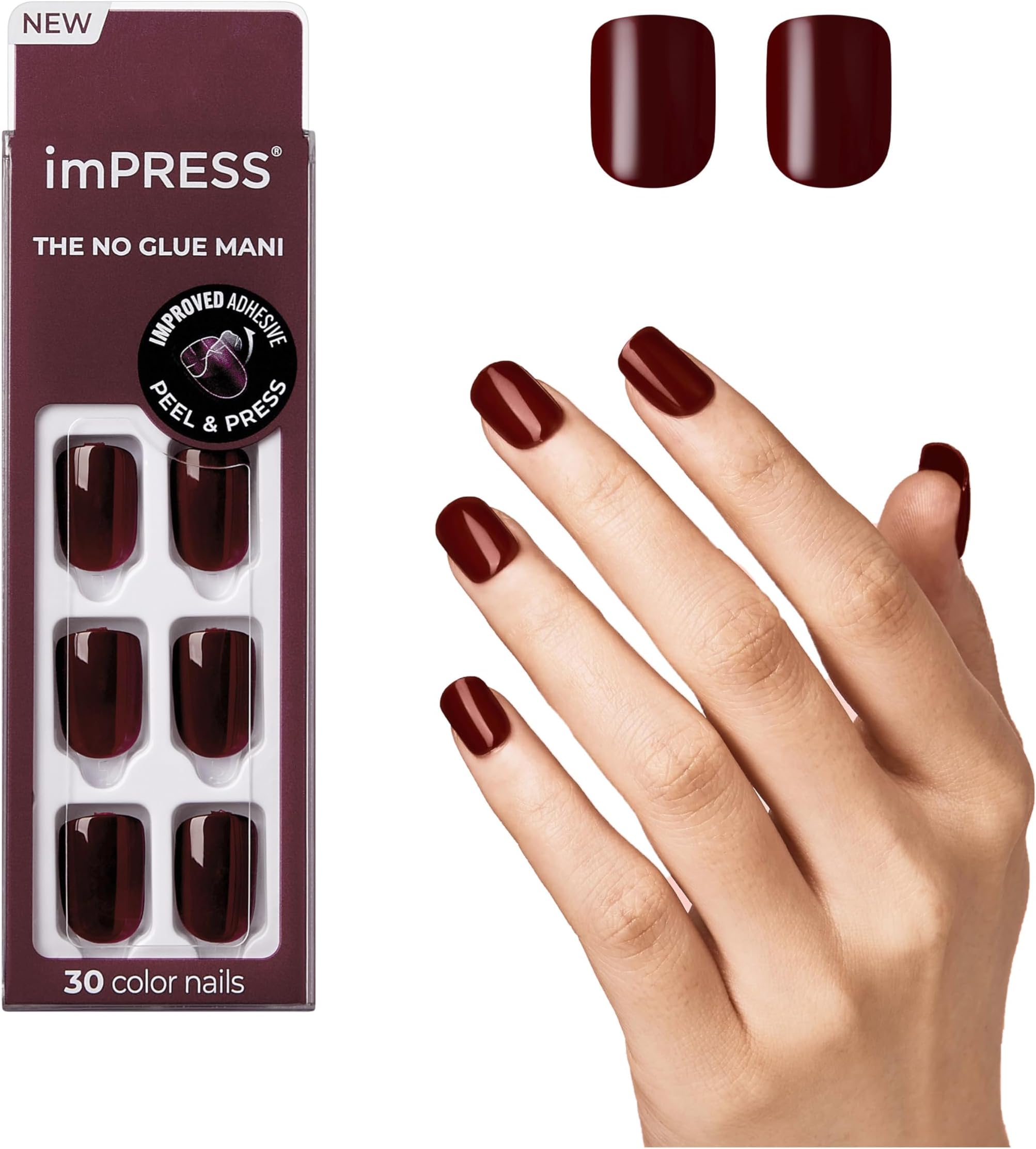 KISS imPRESS Color Press-On Manicure, Gel Nail Kit, PureFit Technology, Short Length, “I'm Not a Cinna”, Polish-Free Solid Color Mani, Includes Prep Pad, Mini File, Cuticle Stick, and 30 Fake Nails