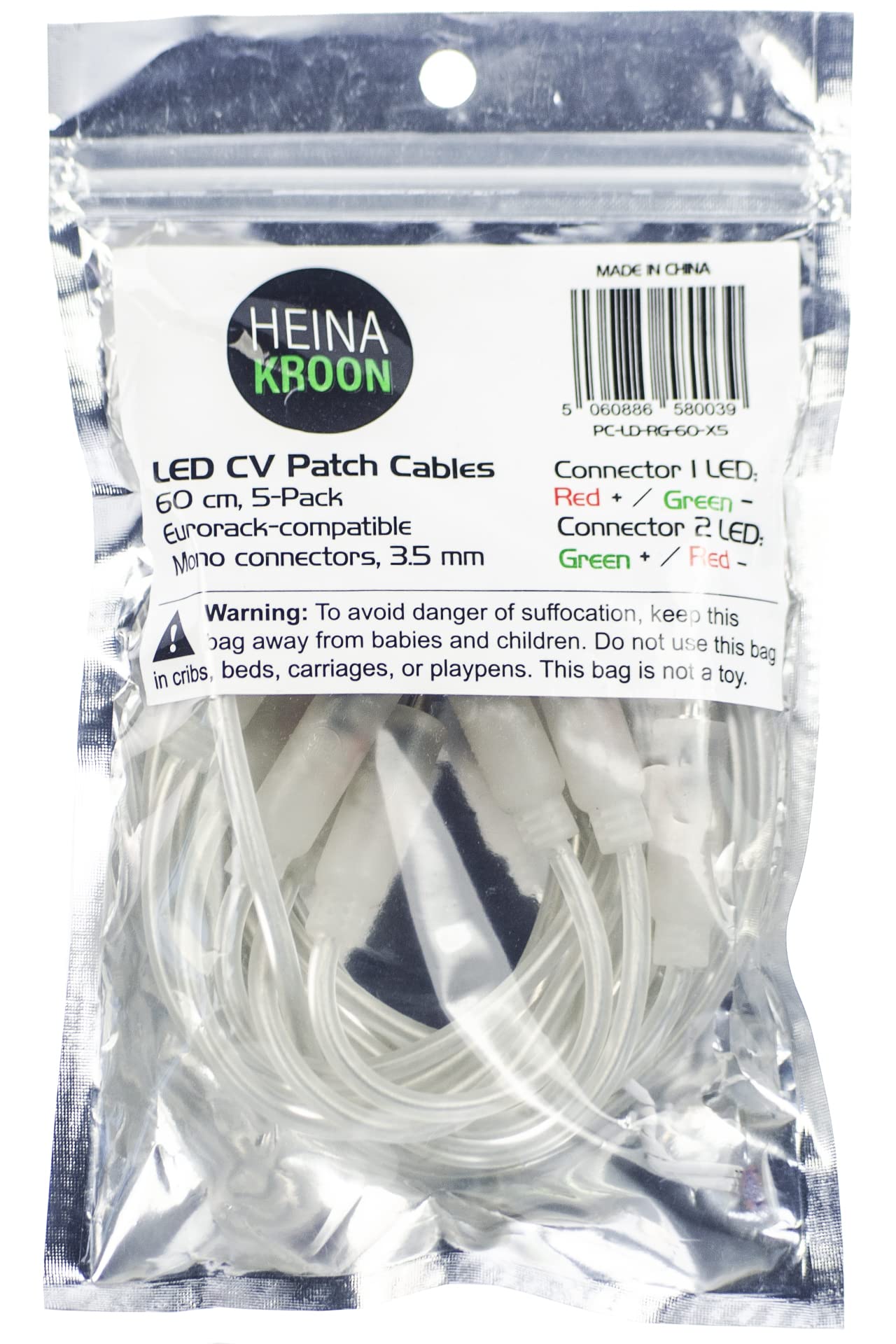 Heinakroon Cavi patch LED CV Eurorack modulari, confezione da 5 (59,6 cm), trasparenti