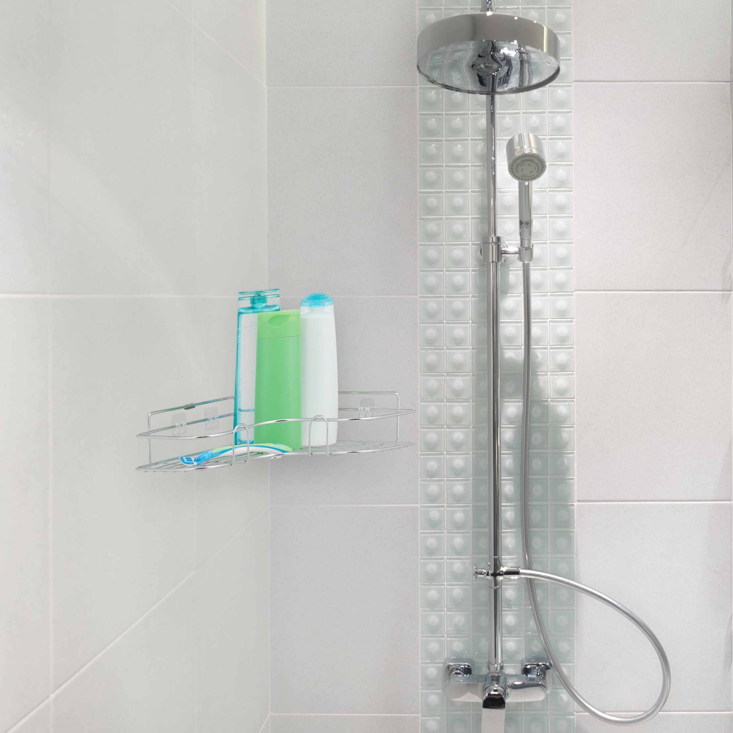 Relaxdays 2 Estantes Ducha Esquina, Aluminio, 7x26,5x26,5cm, Cesta Bañera Adhesiva, Acero Inoxidable, Portachampú, Plateado