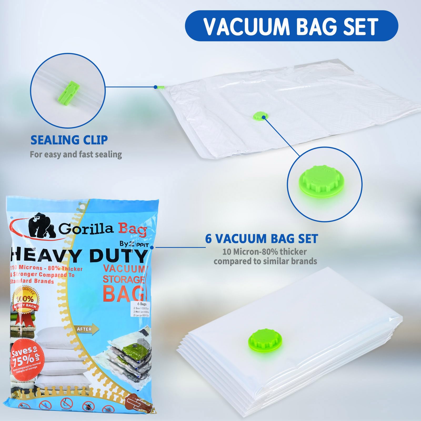 HEAVY DUTY 6 VACUUM STORAGE BAGS by Gorilla Bags. 2 Large (100x80cm), 2 Medium (60x80cm) - Image 2