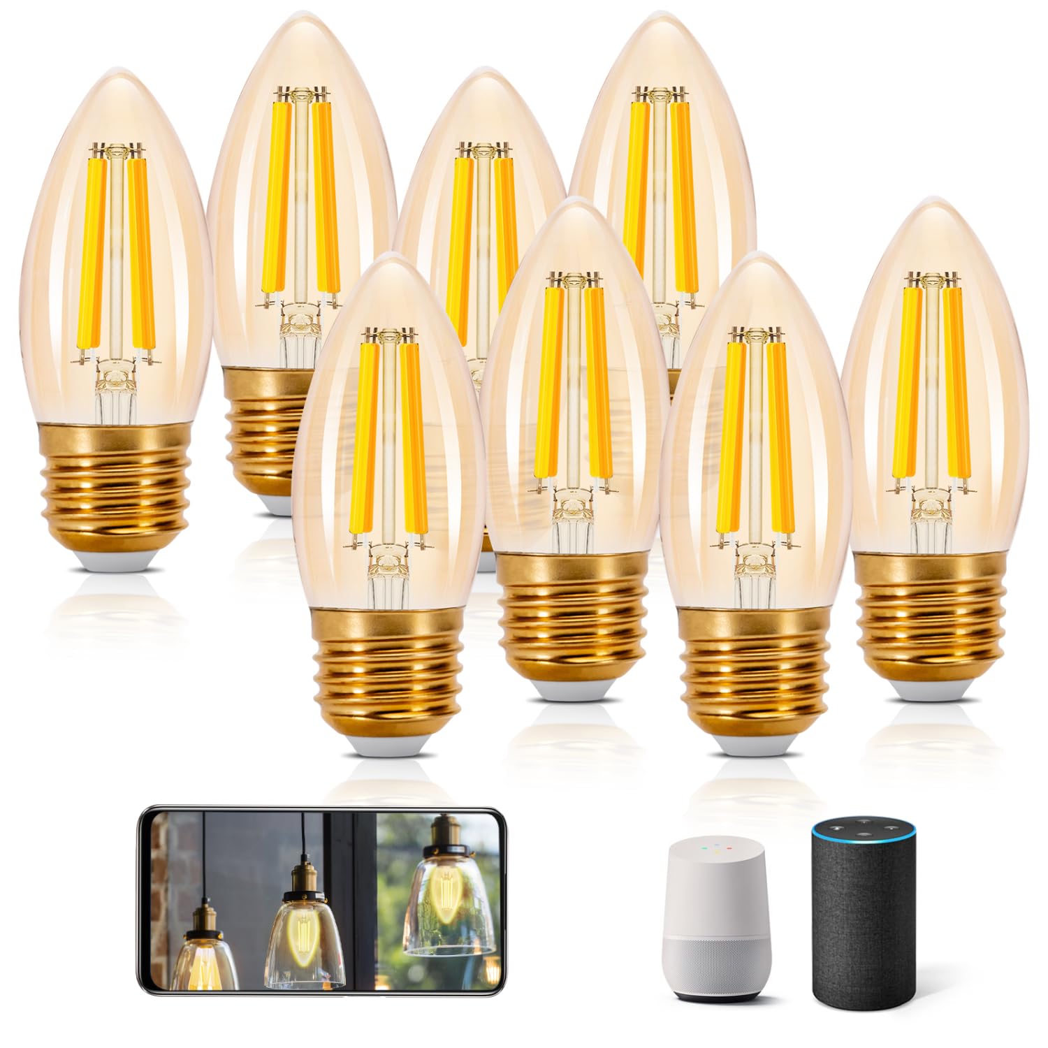 Aigostar Edison Bombillas Alexa LED E27 Bombillas Inteligentes 4.5W 470LM WIFI Bombilla Vintage C35 Bombillas Filamento Regulable 2700K-6500K, compatible con Alexa/Google Home. ámbar 8 pack