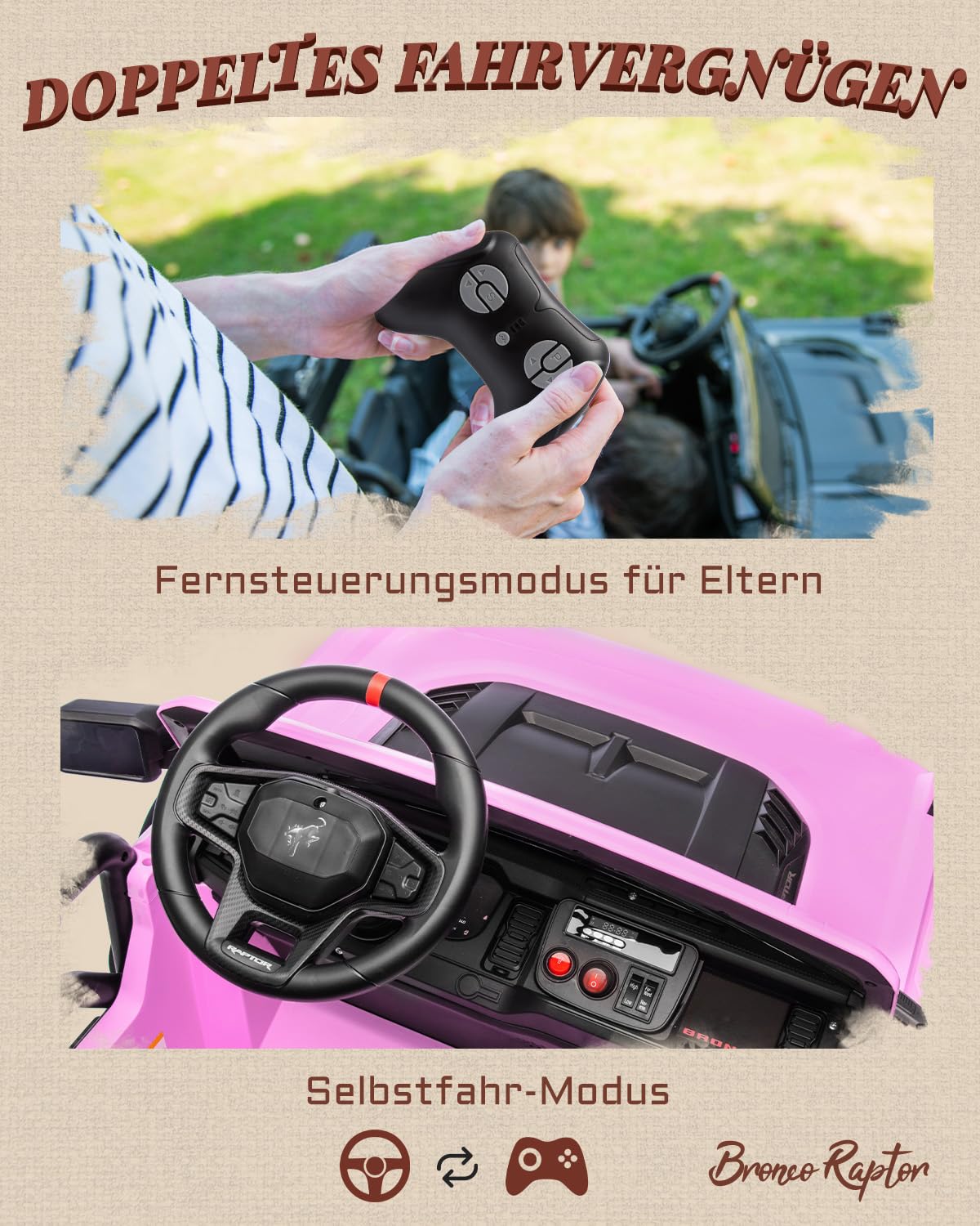 First Ride On Lizenzierter Ford Bronco Raptor, 24V Elektroauto für Kinder, 2-Sitzer Aufsitzauto mit Fernbedienung, LED-Licht, Musik, High/Low Speed (Rosa)