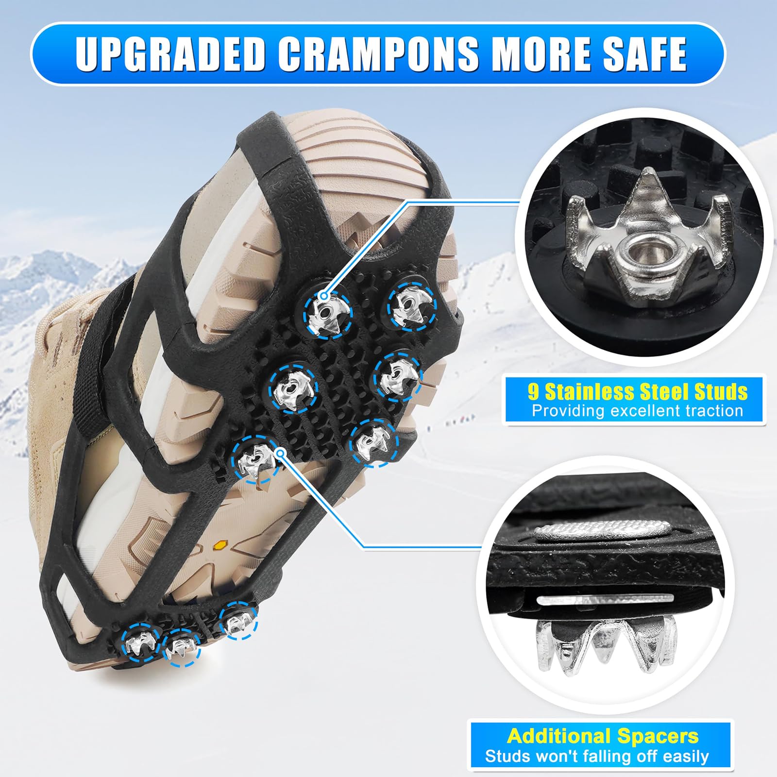 Tacchetti da ghiaccio per scarpe e stivali da neve Tacchetti da trazione ramponi per camminare su neve e ghiaccio 9 tacchetti antiscivolo in gomma antiscivolo ramponi antiscivolo calzature elastiche