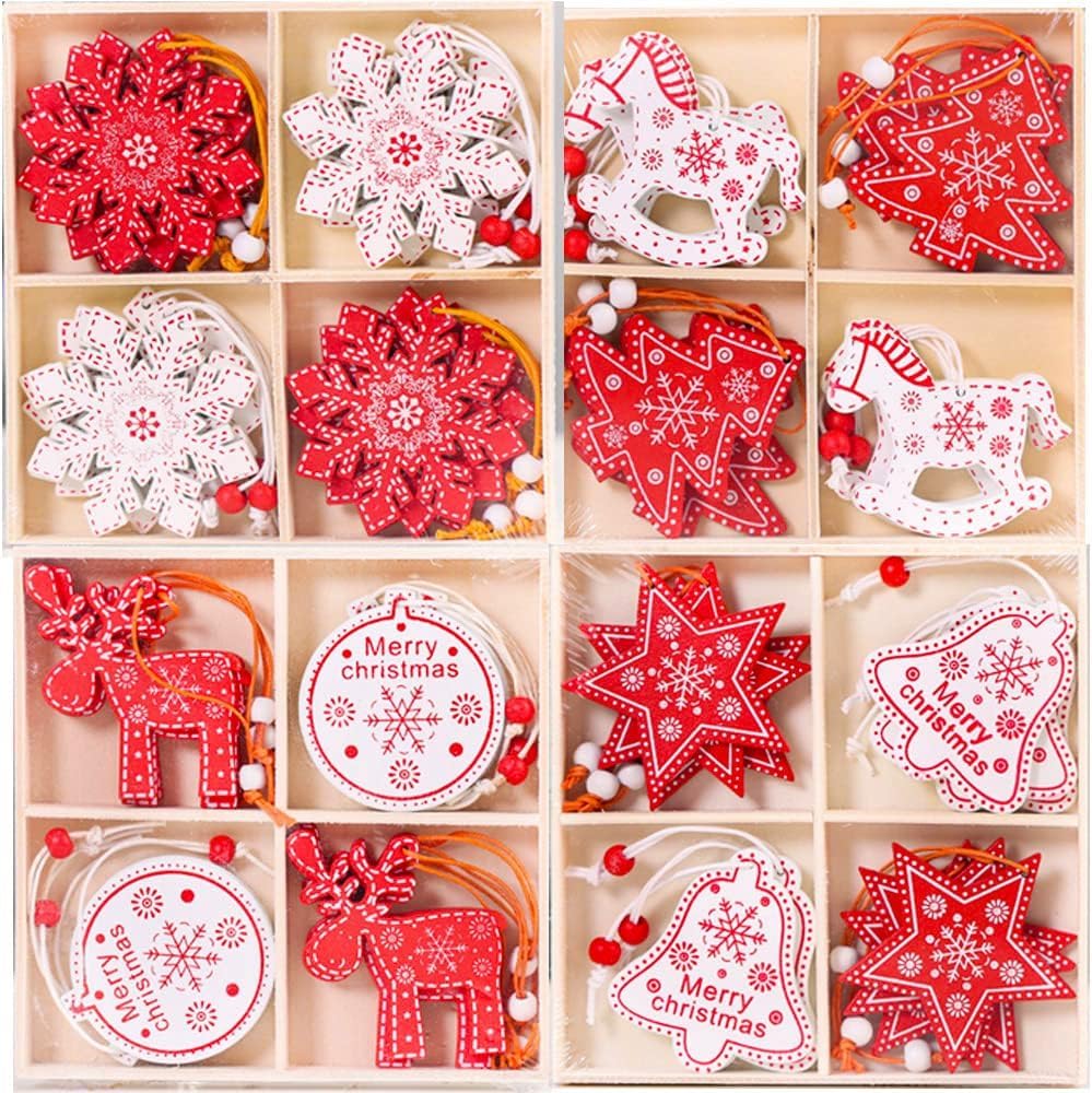 48 PCS Adornos Navidad de Madera, 8 Patrones Colgantes de Madera para Árboles de Navidad con Cuerda, Adornos Arbol Navidad, Adornos Navideños Arbol, Decoracion Arbol Navidad