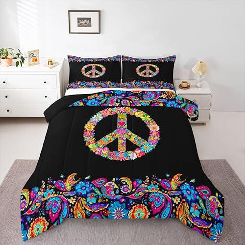 Miniatura 26 de Feelyou Groovy - Juego de edredón de flores para niñas y niños, edredón retro floral bohemio con hongos de los años 70, juego de ropa de cama de