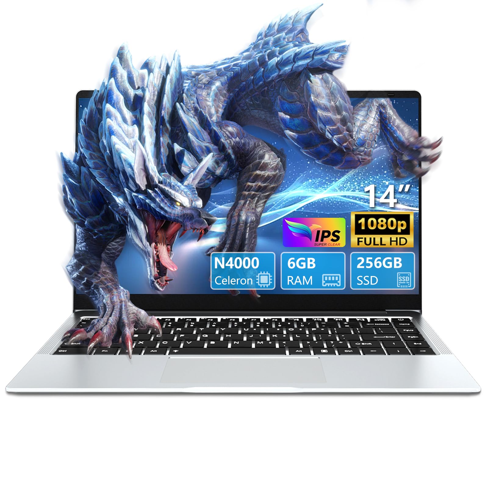 Ekonavi PC Portatile da 14,1 pollici, Notebook Celeron N4000 SSD da 256 GB RAM LPDDR4 da 6 GB, schermo FHD 180°, Laptop con mini-HDMI, 2*USB3.0 Computer PC sottile e leggero color argento