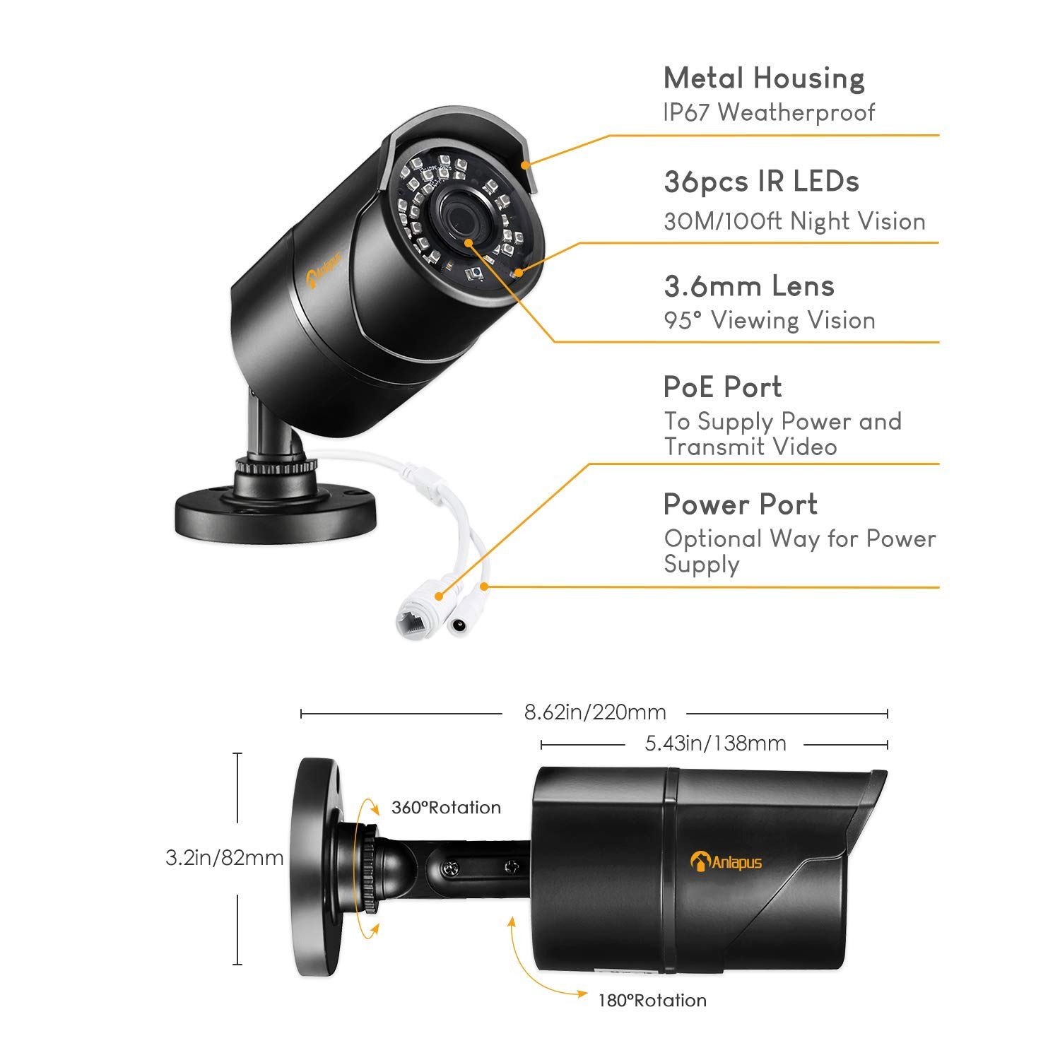 Anlapus PoE Kit Sistema de Cámara de Vigilancia Seguridad 4pcs Cámara PoE IP Exterior con 8CH 5MP H.265+ Videograbador NVR, Visión Nocturna, Alarma de Movimiento, 1TB Disco Duro