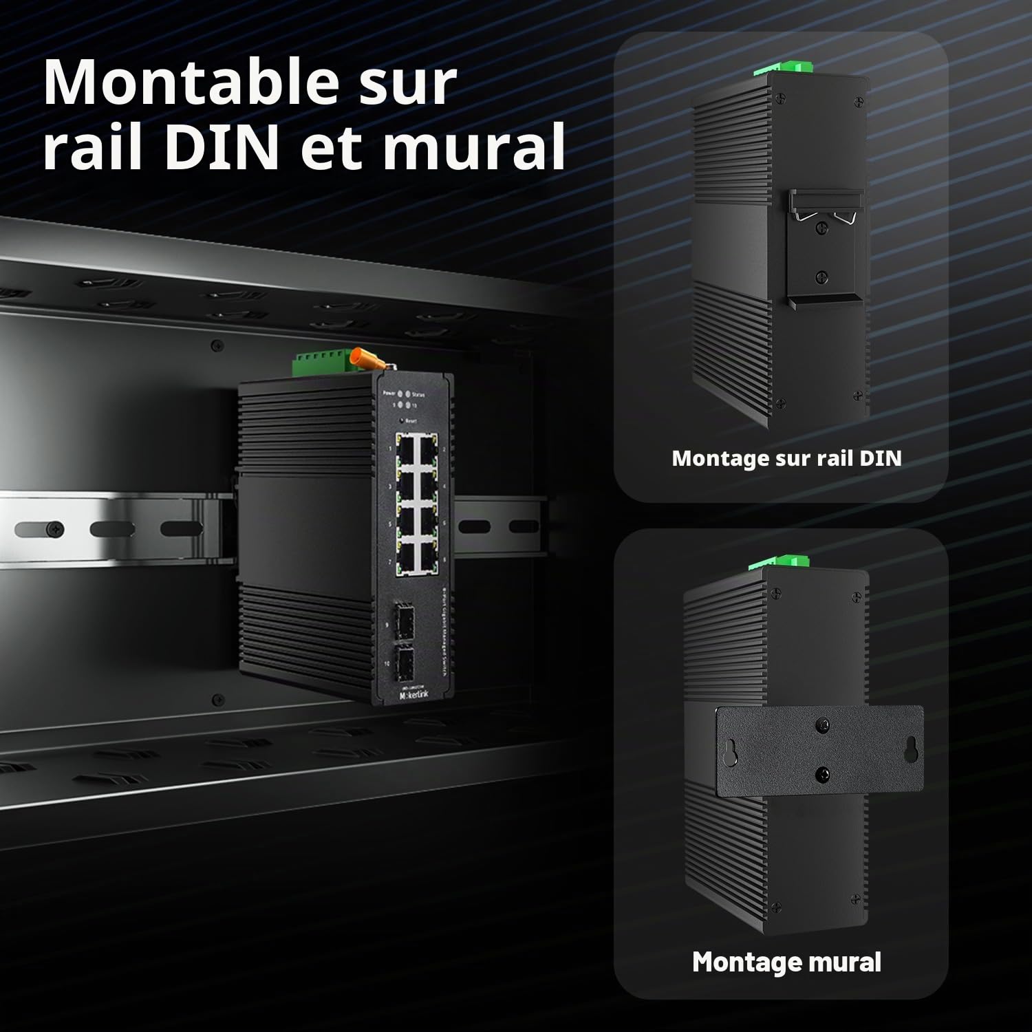 MokerLink 8 Port Gigabit Industrial DIN-Rail Ethernet Switch Managed, 2 SFP Ports, 20Gbps Switching Capacity, Web L2+ Managed IP40 Network Switch, avec Adaptateur Secteur