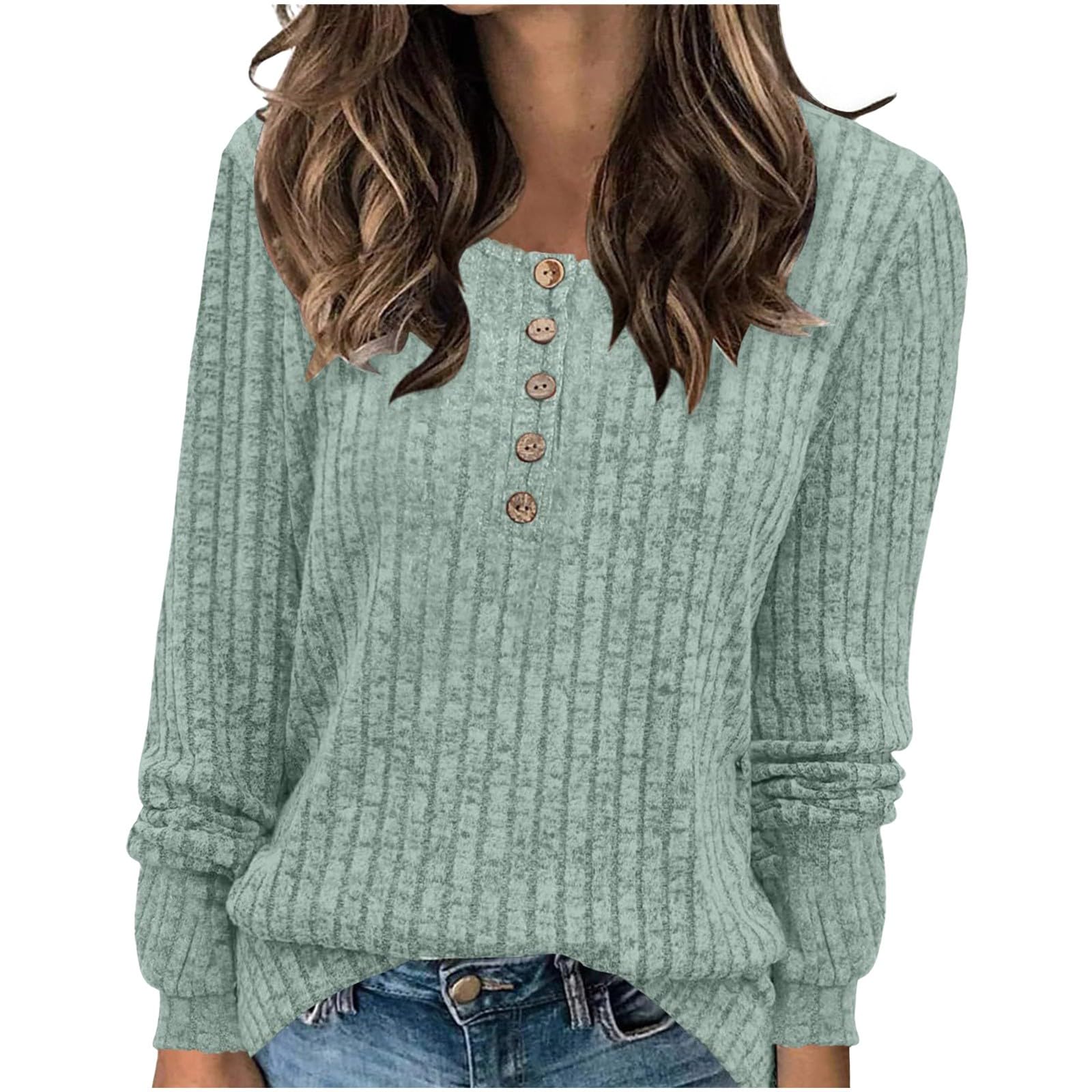 2024 Pulls Femme Décontractés Léger Tunique à Manches Longues Sweatshirts Chic et Élégant Bouton Couleur Unie Pullover Haut Tops Automne Hiver Confort Chaud Col V Casual Mode Sweat T Shirts Blouses