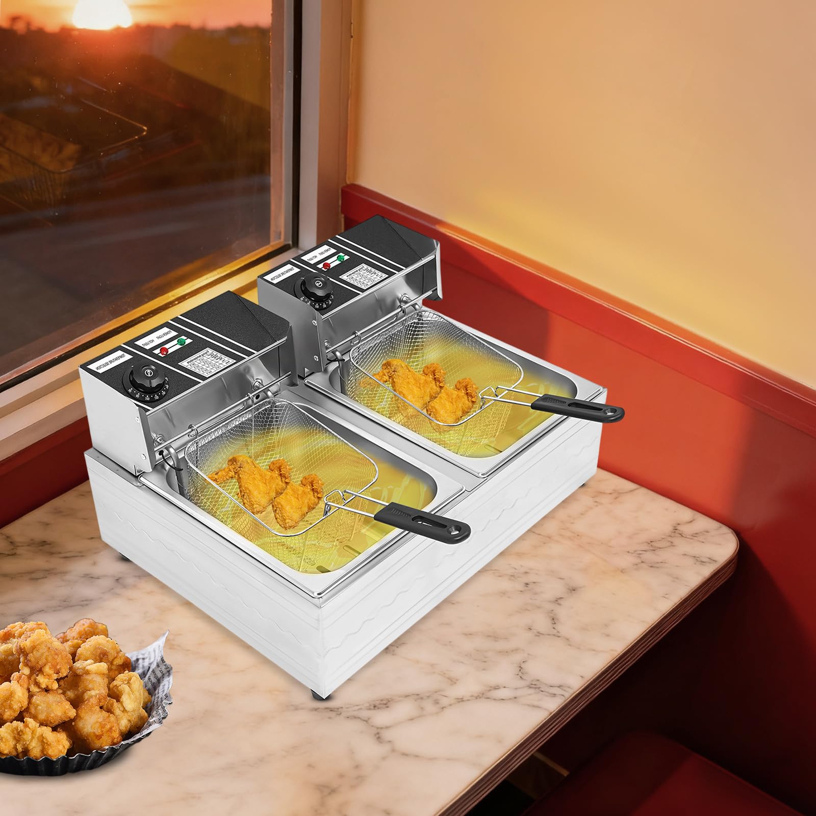 Doppelbecken Elektro Fritteuse 12L 220V, Edelstahl Gewerbefritteuse Mit Zwei Frittierkörben, Temperaturregelbares Frittiergerät Für Imbiss, Gastronomie, Pommes Frites Und Hähnchen