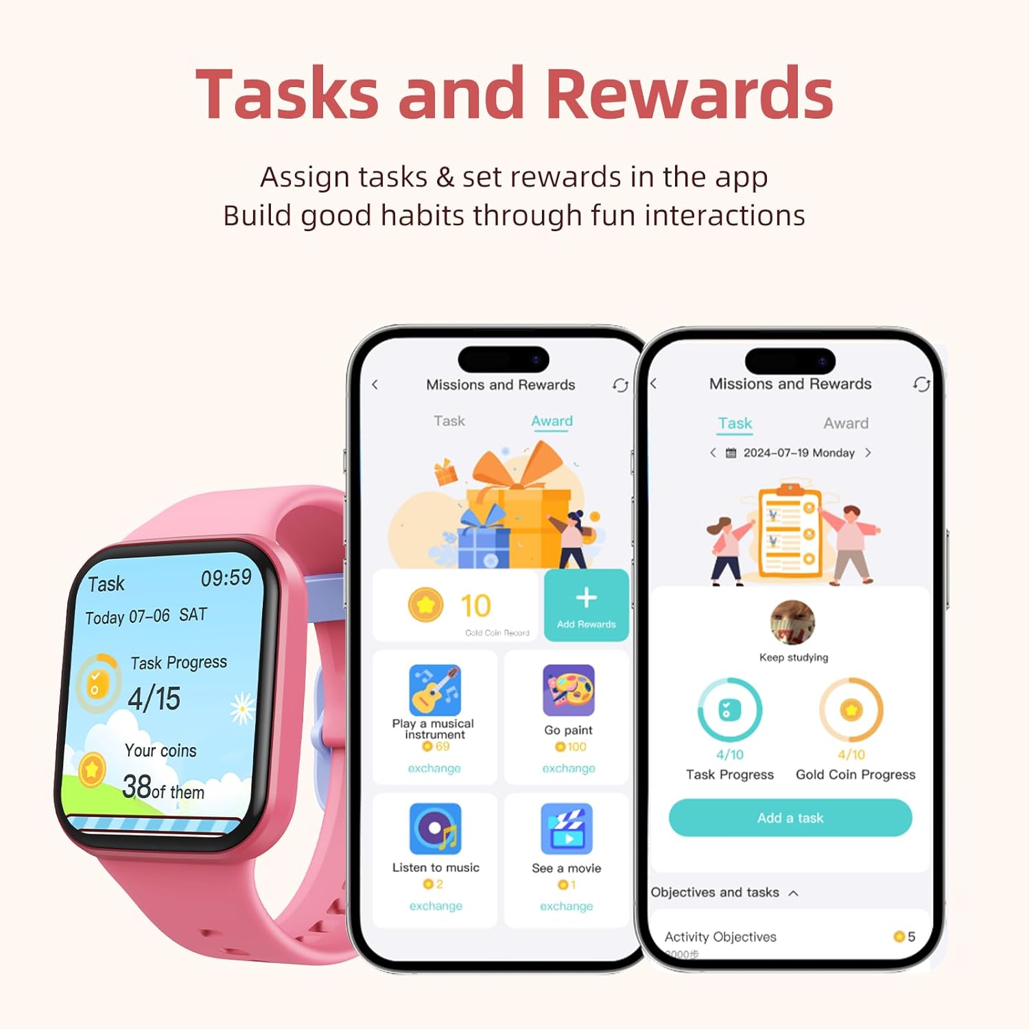 Parsonver Kids Smart Watch with Parent-Child Task & Reward System, Fun Fitness Tracker with 20 Sports Modes, Heart Rate & Sleep Monitor, IP68 Waterproof, Great Birthday Gifts for Boys Girls 5-16, Pink