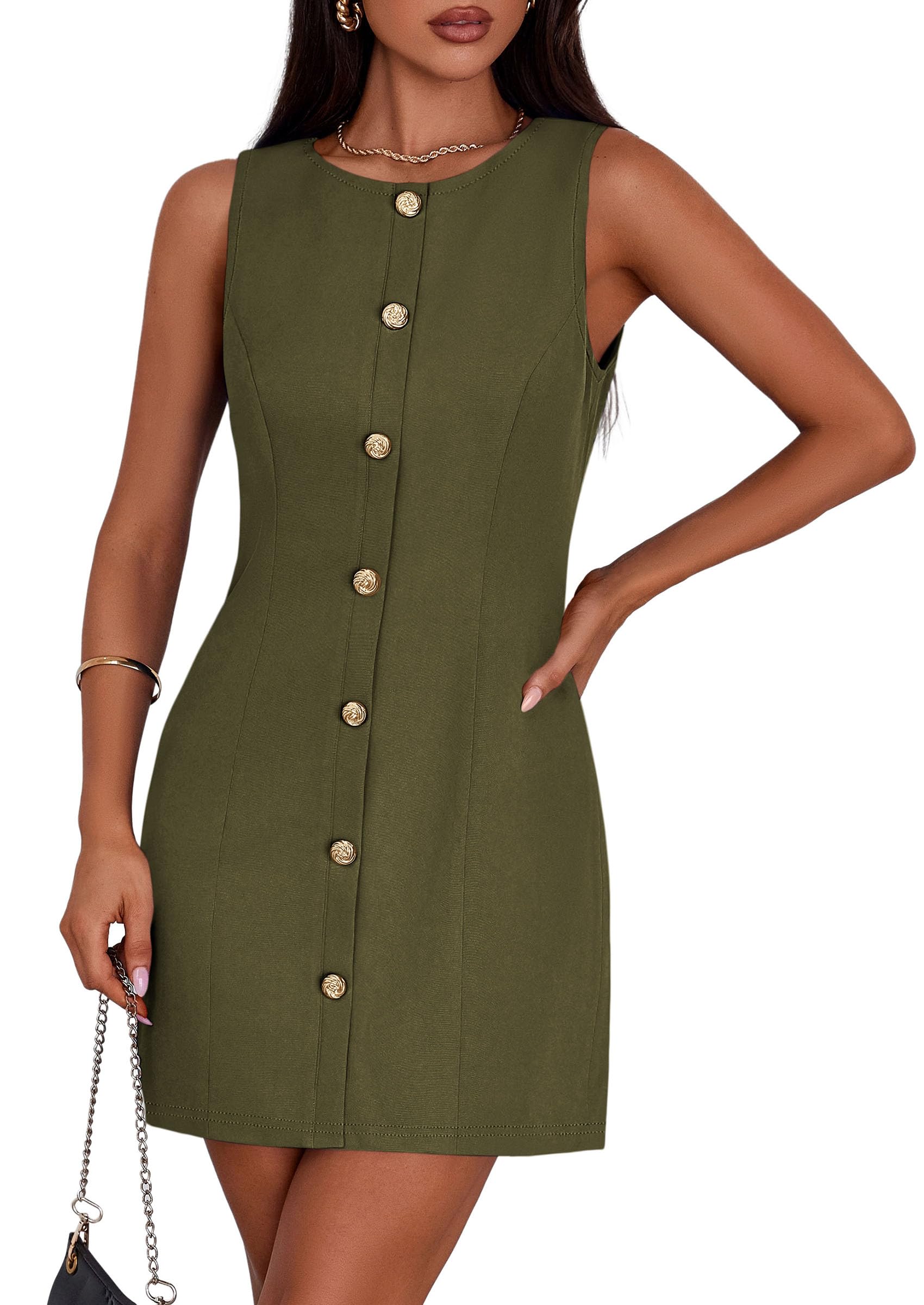 PRETTYGARDEN Work Dresses for Women 2026 Summer Business Formal Short Dress Sleeveless Button Down Elegant Office Outfits