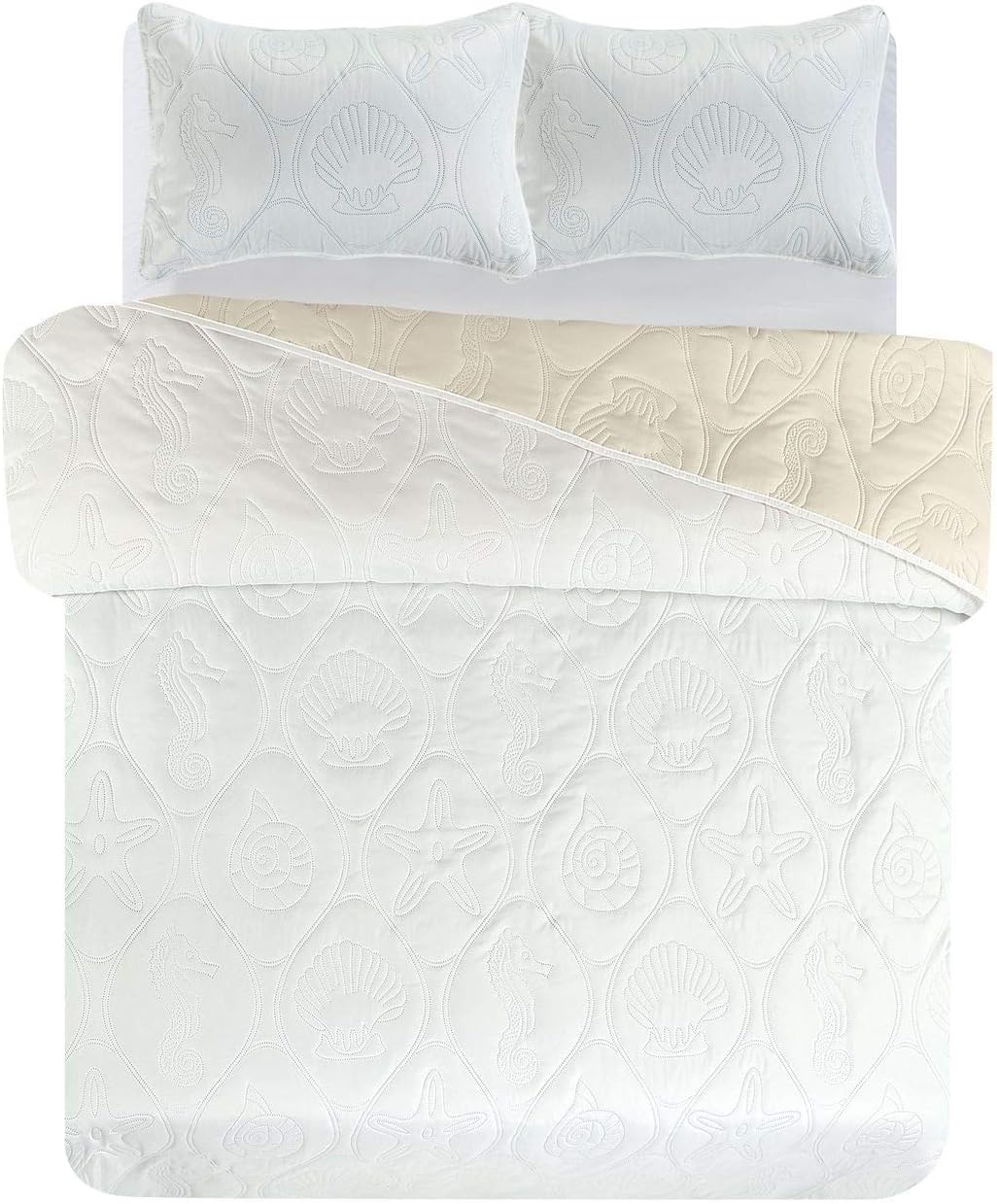 Legacy Decor 3 PCS Shell & Seahorse Reversible All Season Bedspread Quilt Coverlet Oversize Ivory & White Color King Size