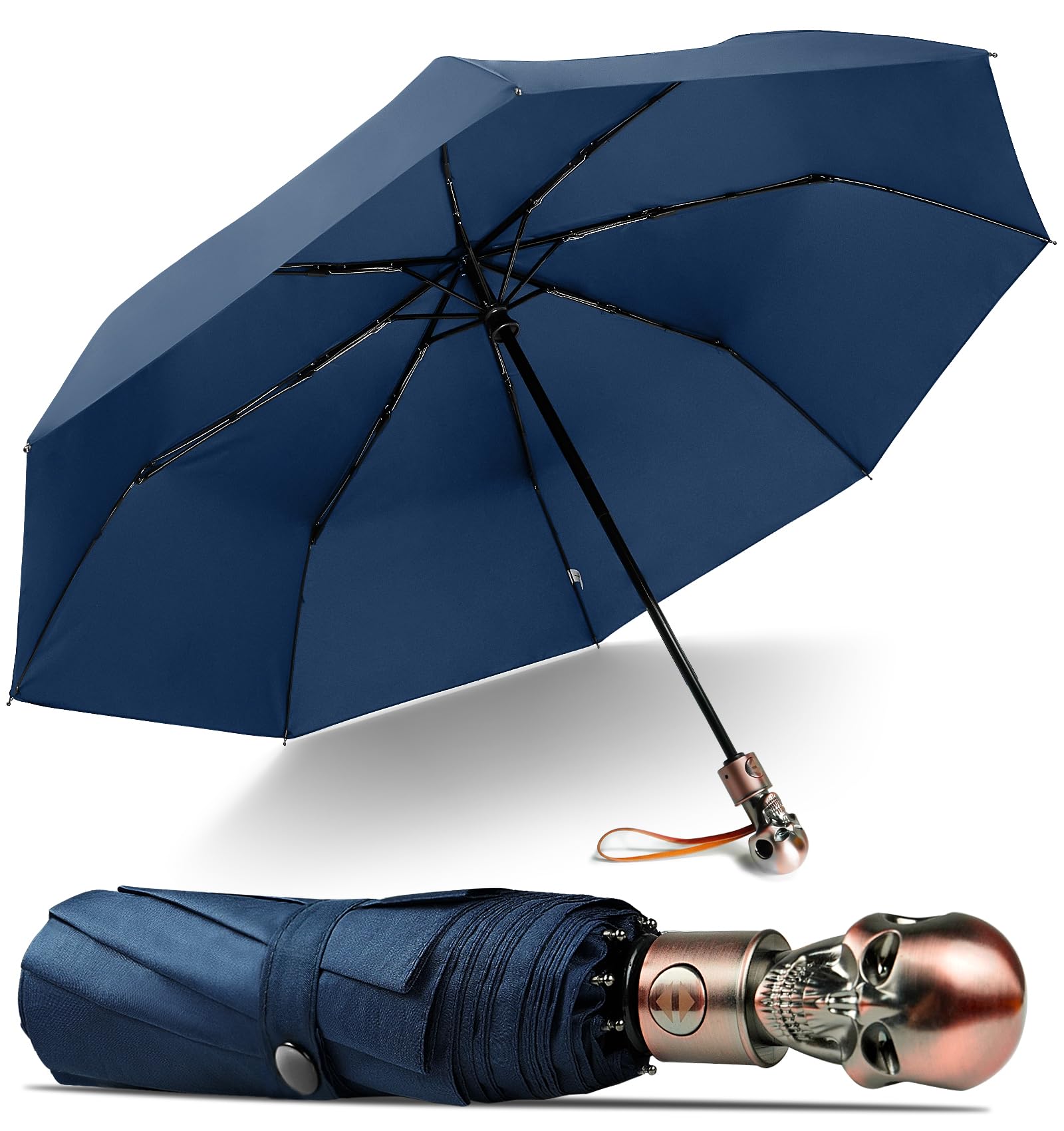 Lejorain Mens Black Skull Umbrella - Automatic Luxury Travel Windproof Umbrella Compact - Portable Strong Lightweight Rain Umbrella for Adults