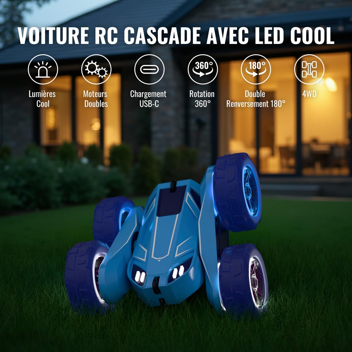 MaxTronic Voiture télécommandée, Exclusive Double Chargement Direct avec LED Réglable. 360° Stunt 15km/h Tout-Terrain radiocommandée Jouet Fête Cadeau pour 3-12 Ans Garçon Fille