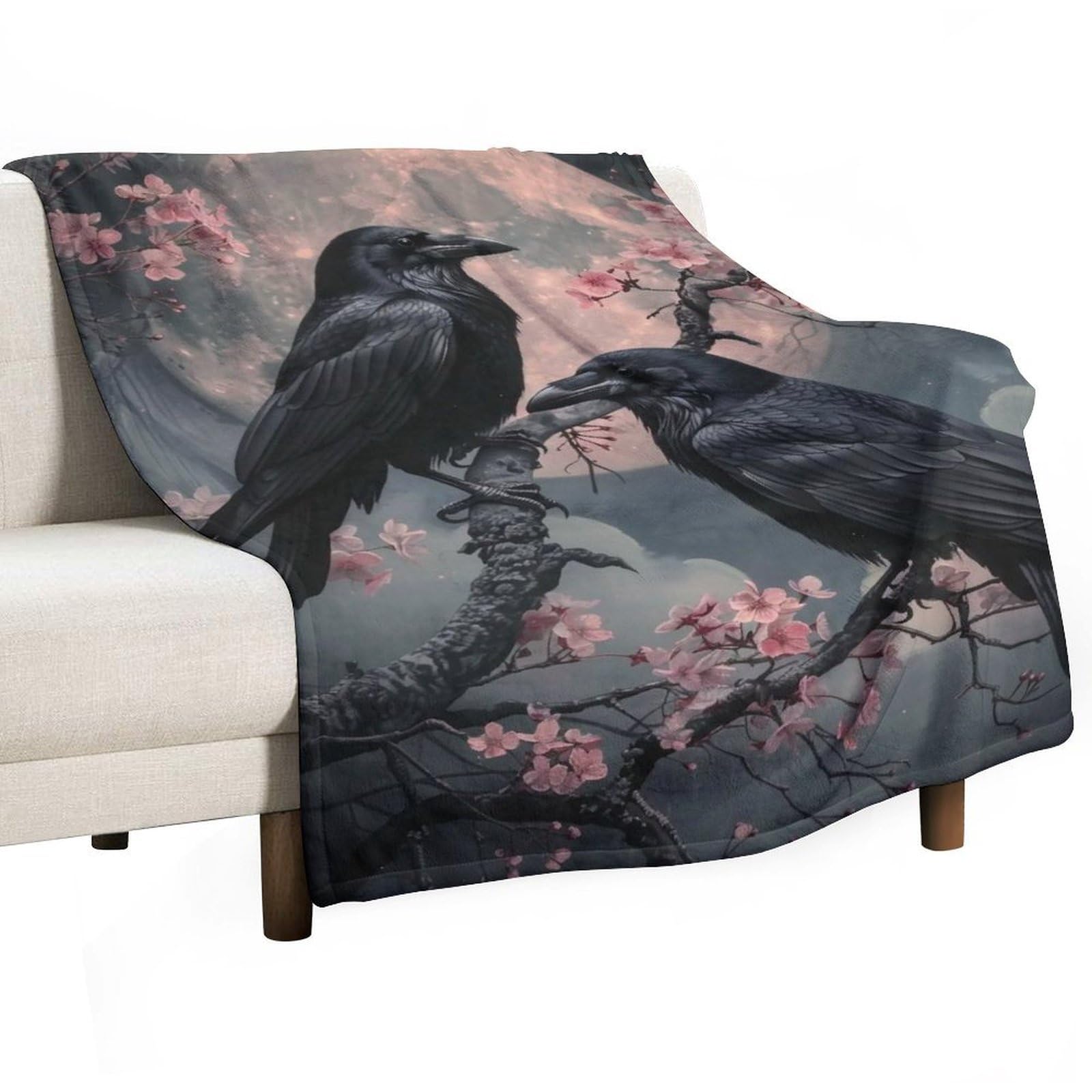 YHGSREUOH Gothic Cherry Blossom Crows 02 Flannel Blankets Fleece Soft Throw Lightweight Plush Gifts for Couch, Bed, Cozy Sofa Plush, Chair, Lovers 32x48inch(80x120cm)