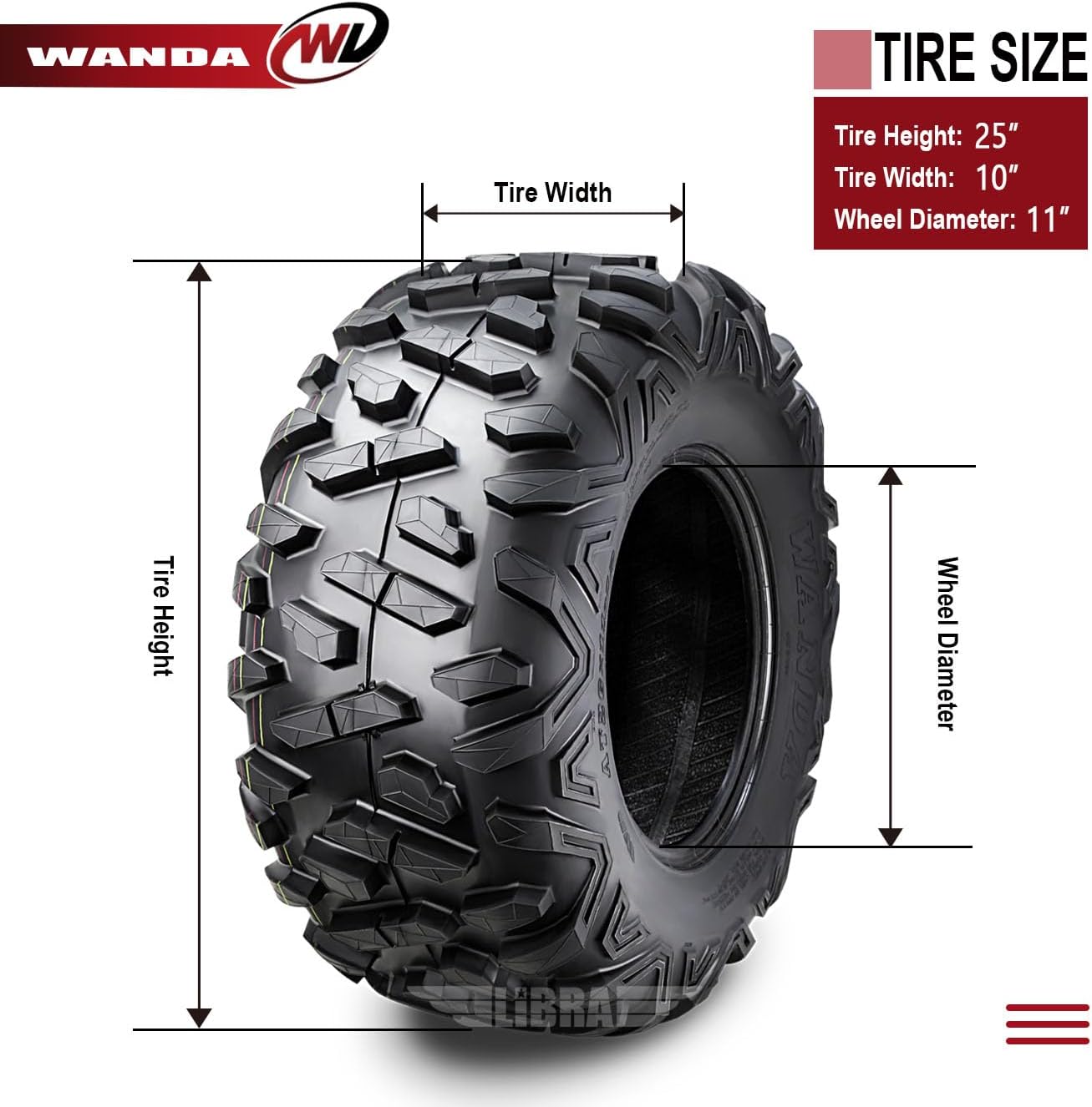 WANDA UTV ATV Tires 25x10-11 25x10x11 6-Ply Solid 20mm Tread, Set 2, 10416