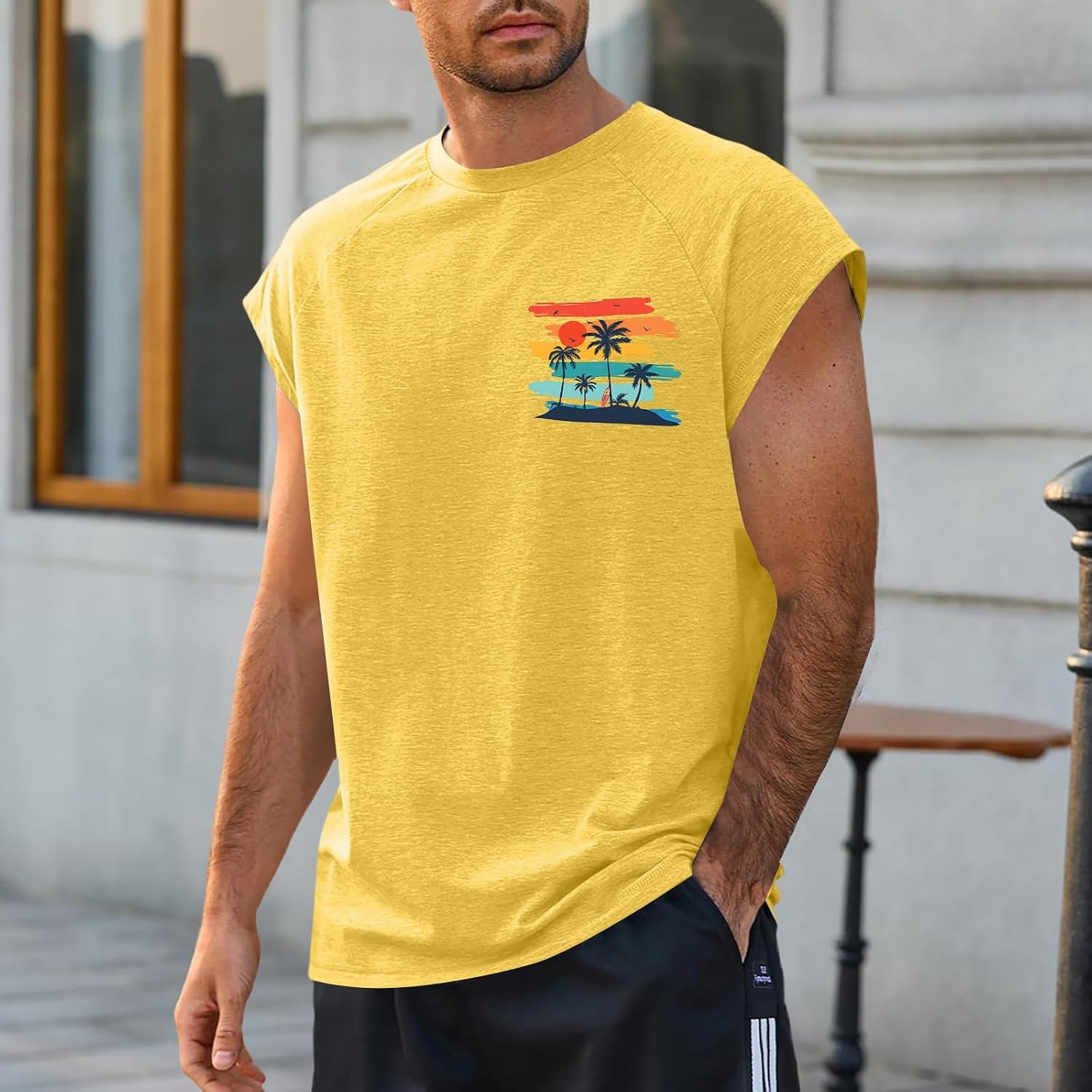 Graphic Tank Top for Men Hawaiian Palm Tree Print Sleeveless Tee Fashion Summer Casual Vest Mens Beach Vacation Shirt
