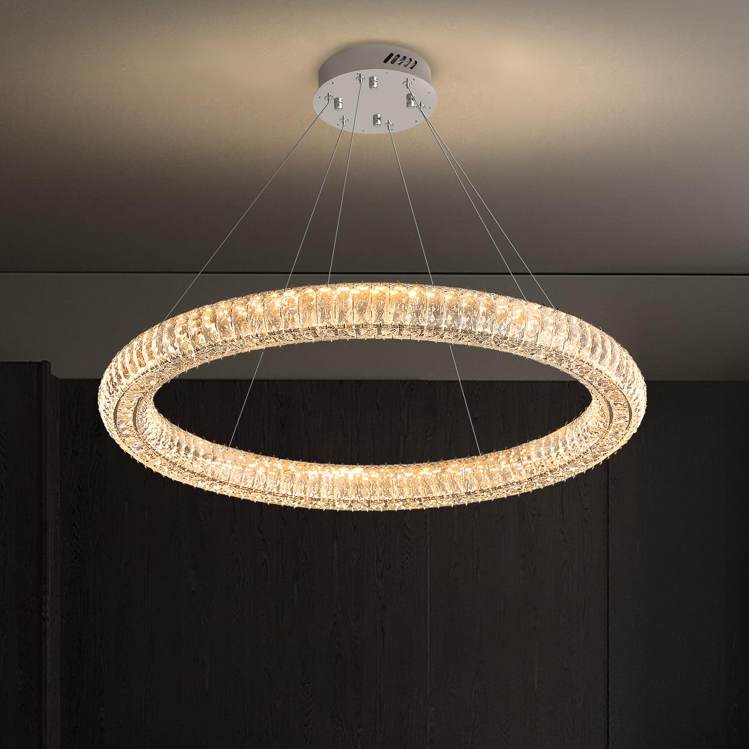 Modern Crystal Chandelier Dimmable LED 39.4" Ring Pendant Light Adjustable Round Chrome Crystal Chandelier Light Fixtures for Dining Room Living Room
