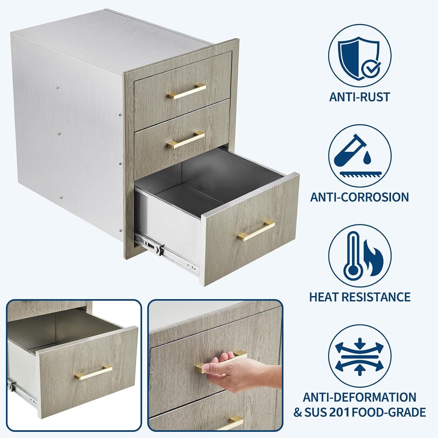 Garvee 14" W x 20.3" D x 23" H Stainless Steel Outdoor Kitchen Triple Drawers - Heavy Duty with Handles, Weather-Resistant Flush Mount for BBQ Island, Patio Grill & Outdoor Cooking Space