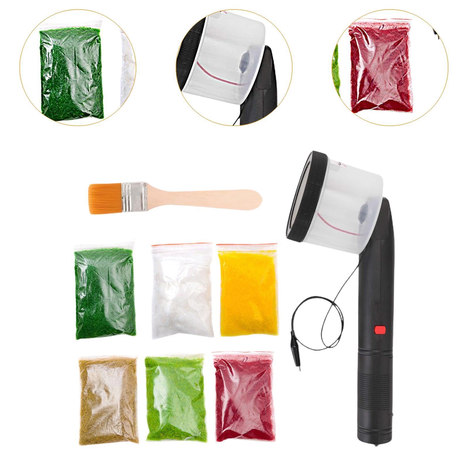 Gralara Máquina de Césped Estático Portátil para Maquetas Y Escenarios Dispositivo Manual Electroestático Herramienta para Fibras Accesorio PP Arena, 6 Bolsas de Hierba en Polvo