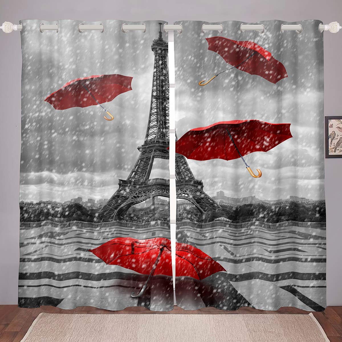Tbrand Eiffel Tower Curtain for Bedroom - Paris Cityscape With Rain, Retro Red Umbrella - Raining Paris Landscape Drapes, W66*L90 โ image 1