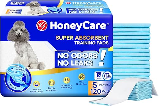 Honey Care All-Absorb, Small 17.5″ x 23.5″, 120 Count, Dog and Puppy Training Pads, Ultra Absorbent and Odor Eliminating, Leak-Proof 5-Layer Potty Training Pads with Quick-Dry Surface, Blue, A05