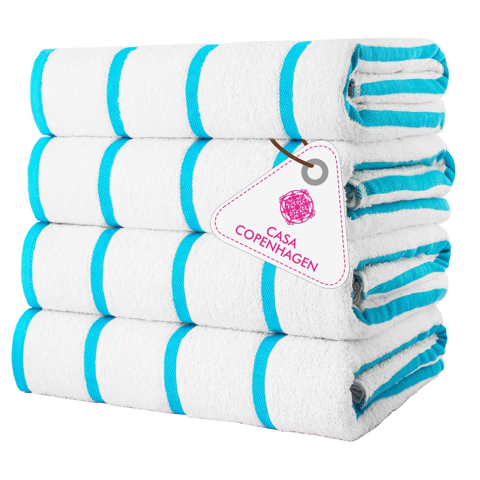 Casa Copenhagen Teal Striped Cabana Pool 4-Piece Set Of Large Bath Towels, 76X152 Cm, 550 Gsm, Designed In Denmark, Made From Soft Egyptian Cotton For Bathroom, Kitchen & Shower