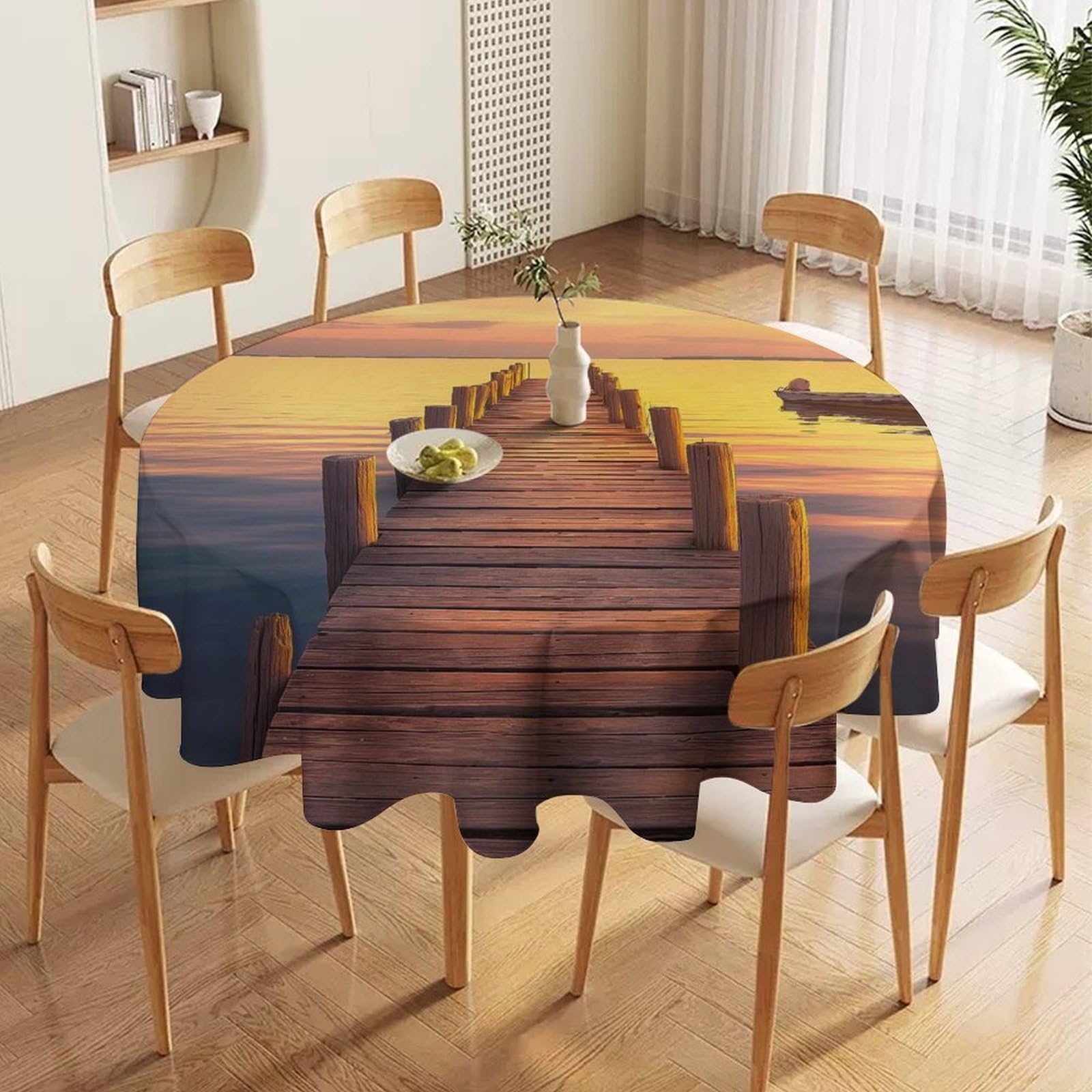 ORDOBO 3D Print Round Tablecloth - Wooden Bridge Over The Sea Waterproof Dust-Proof 3D Print Table Cover For Dinner Kitchen Garden Fashion Home Countertop Decoration 177X177Cm