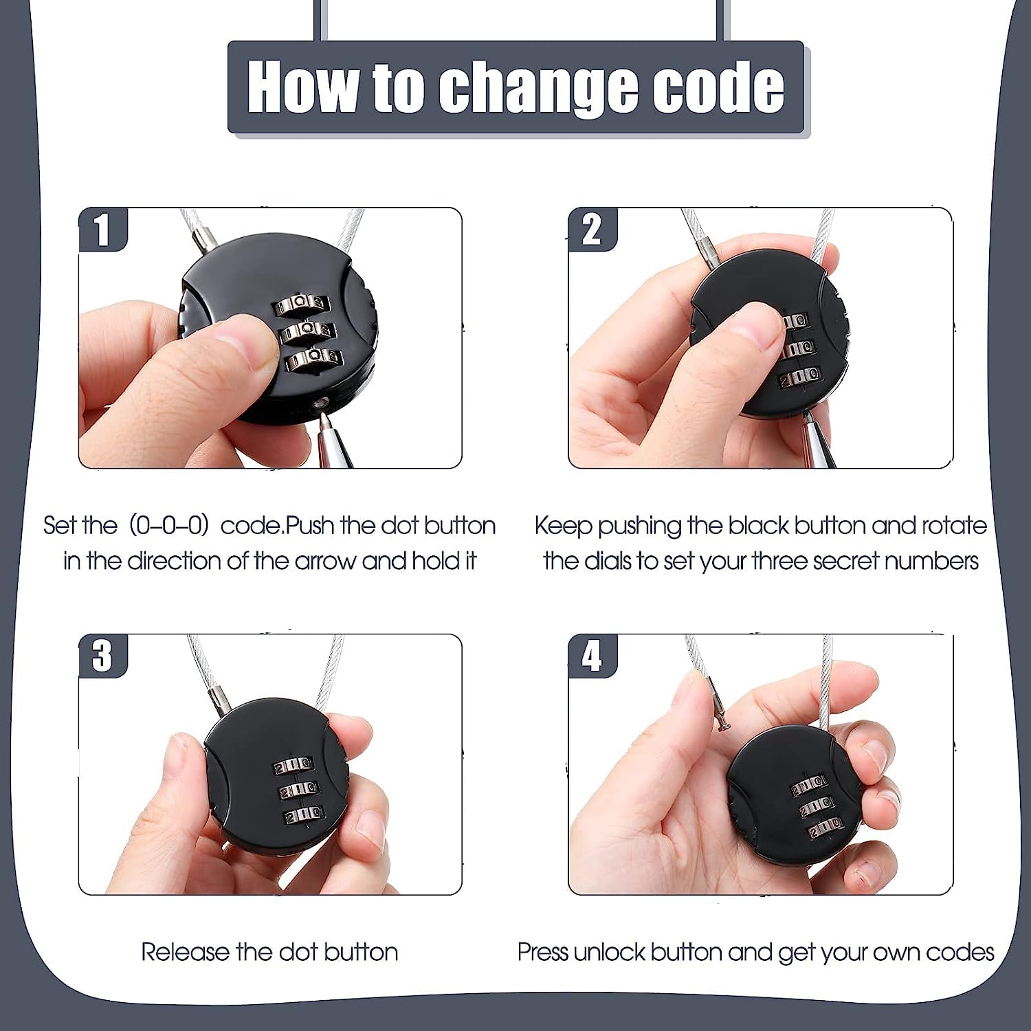 woojfcang 4 Pcs Small Number Locks Zinc Alloy Combination Padlocks 3 Digit Security Cord Padlocks Code Lock Weatherproof Travel Cable Combination Lock for Gym Locker Luggage Suitcase - Image 3