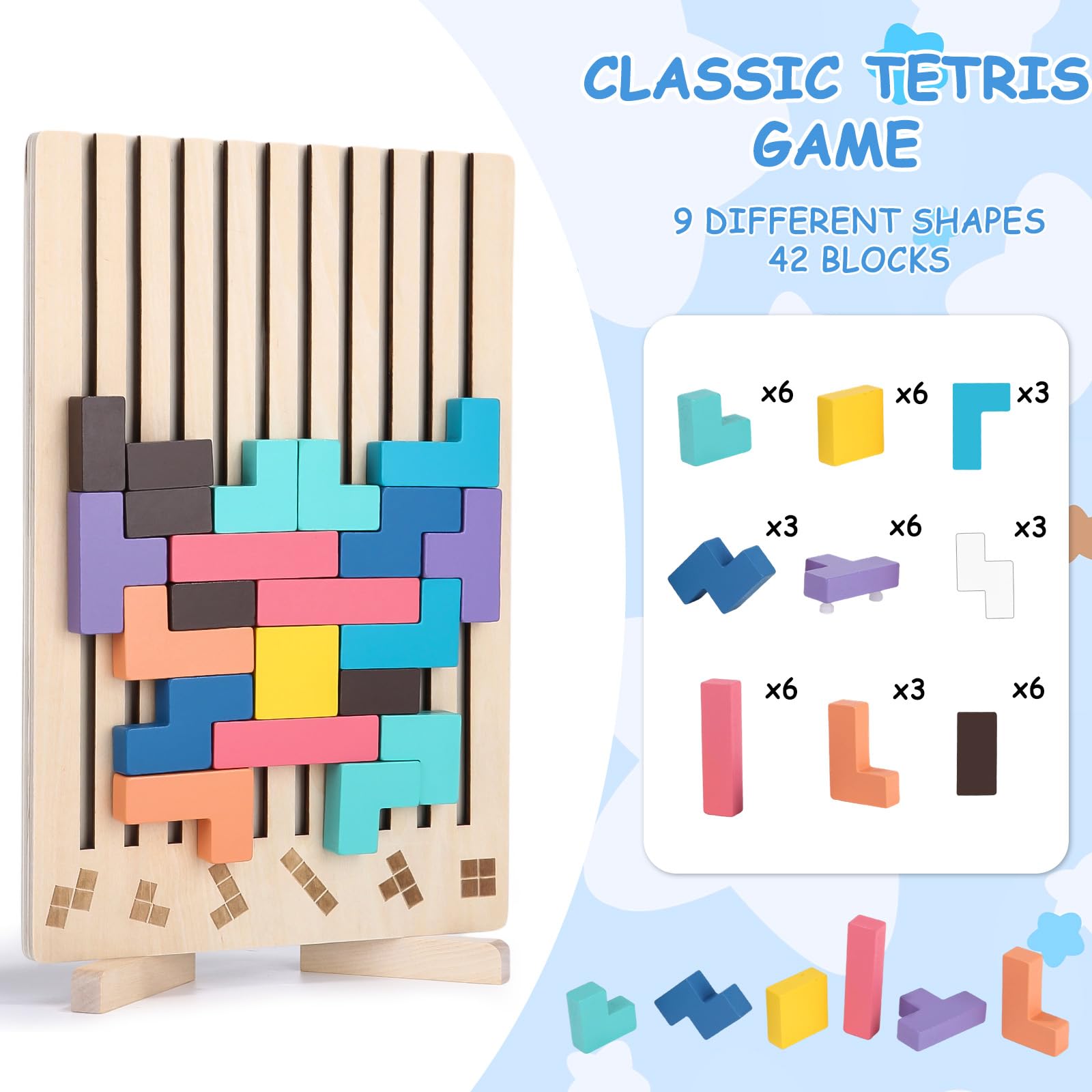 Drewniana gra Tetris, gry Montessori dla dzieci w wieku 3, 4, 5 i 6 lat, drewniane puzzle, drewniane puzzle 3D Montessori, drewniane puzzle z klockami do układania w stosy i 10 kartami, kolorowe