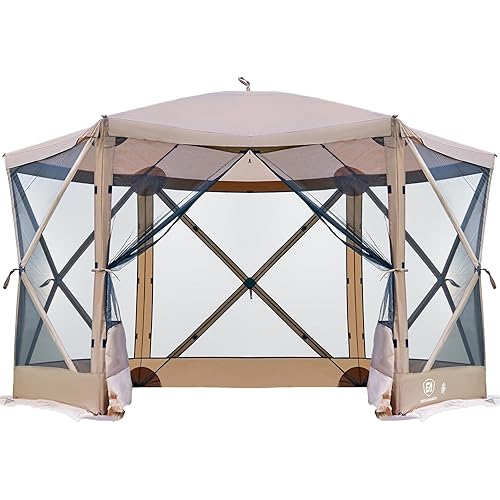 EVER ADVANCED Pop Up Gazebo Screen House Tent for Camping 11.5 ft for 8-10 Person Instant Canopy Shelter with Netting Portable for Outdoor, Backyard, Brown