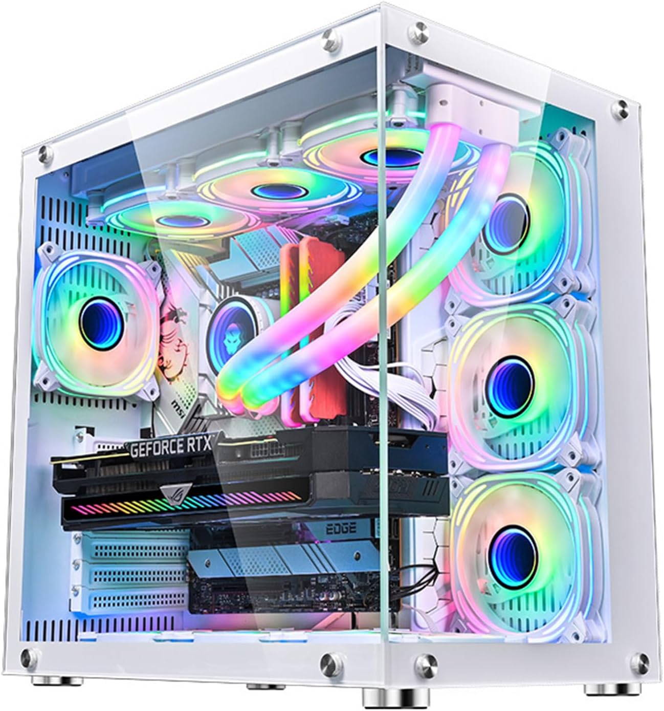 ATX Gaming PC Case, 270° Full View Seamless Tempered Glass Front & Side Panels, 360mm Radiator Support, High-Airflow Dual-Chamber Computer Tower Case - Without Fans (White)