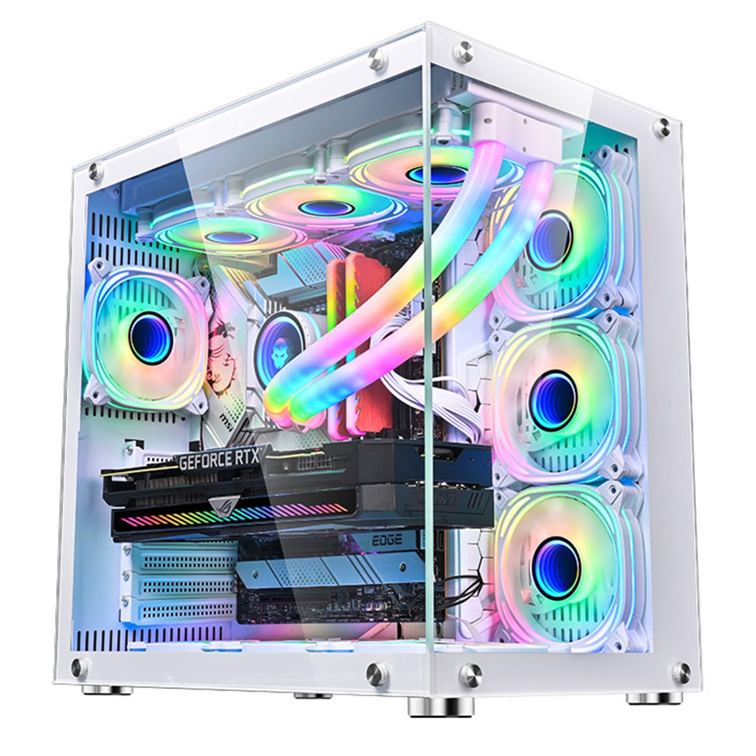 YSOAE ATX Gaming PC Case, 270° Full View Seamless Tempered Glass Front & Side Panels, 360mm Radiator Support, High-Airflow Dual-Chamber Computer Tower Case – Without Fans (White)