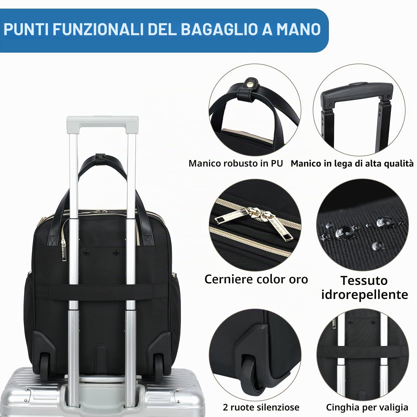 EMPSIGN Valigetta 16" Sottosedile, TSA Impermeabile Multiuso | nero con zip oro, apertura 180°, rotelle silenziose, scomparti multipli, resistente antigraffio per lavoro e weekend