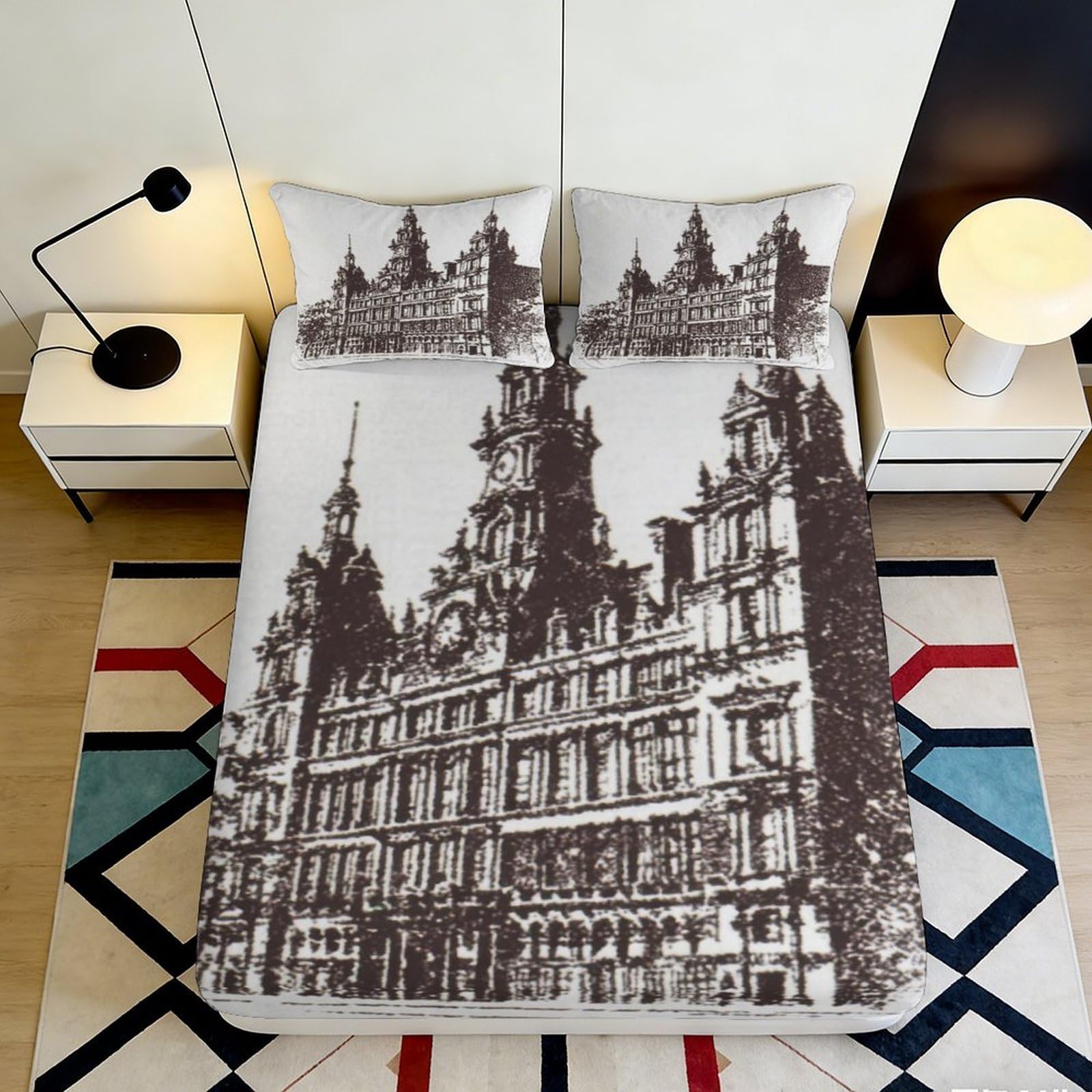 Jqzkxnhpbr Style-1 3D Printed European Classical Architecture Fitted Sheet Microfiber Soft Breathable Palace Pattern Mattress Cover For Bedroom Decor 90X200x25cm
