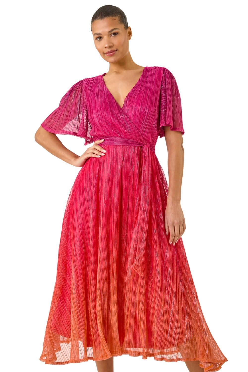 Roman Originals Women's Orange Ombre Shimmer Plisse Wrap Dress For Uk - Everyday Holiday Spring Summer V-Neckline Comfy Soft Evening Vacation Work Party - Size 14