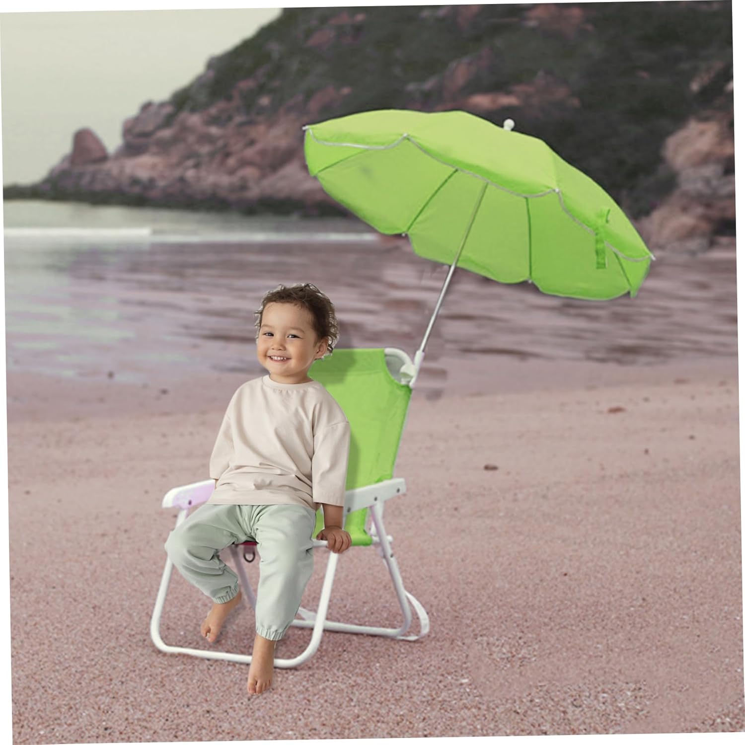 Kids Beach Chair with Umbrella Foldable & Detachable Beach Chair with Canopy, Lightweight and Sturdy Outdoor Seat for Camping, Travel, Lawn, Green Camping & Hiking