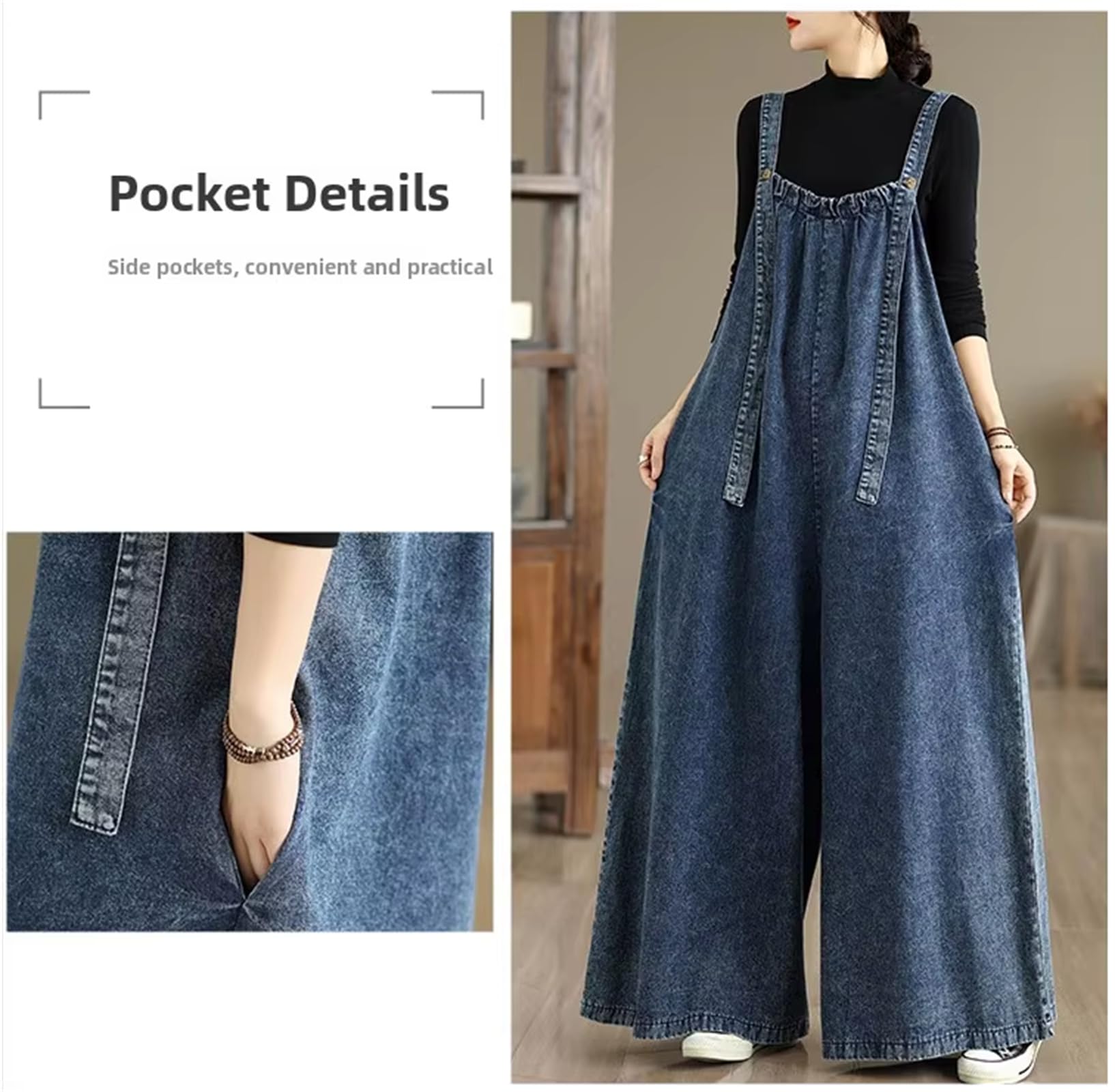 Damen Retro Locker sitzende Denim-Latzhosen Damen Hohe Taille Baumwollhosen Vintage-Stil Einteiler Freizeit-Hosen