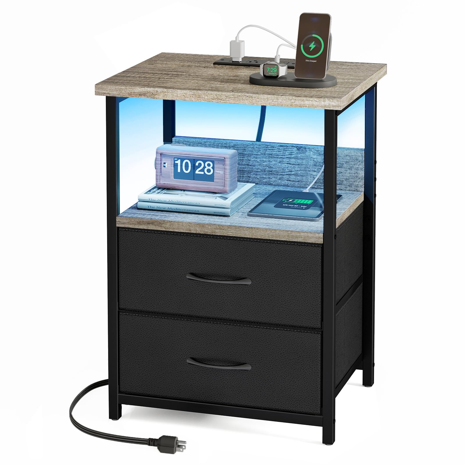 Fixwal Night Stand with Charging Station, LED Nightstand with U-S-B Ports and Outlets, 2 Fabric Storage Drawers with PU Finish, Bed Side Table, French Oak